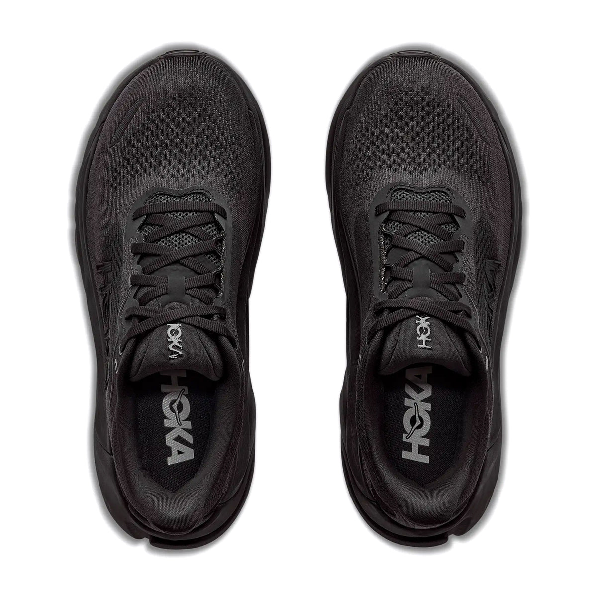Women's HOKA Arahi 9 Wide Fit Running Shoes Black Black top view showing engineered mesh upper with tighter medial support, wide fit design and haptic prints for stability running