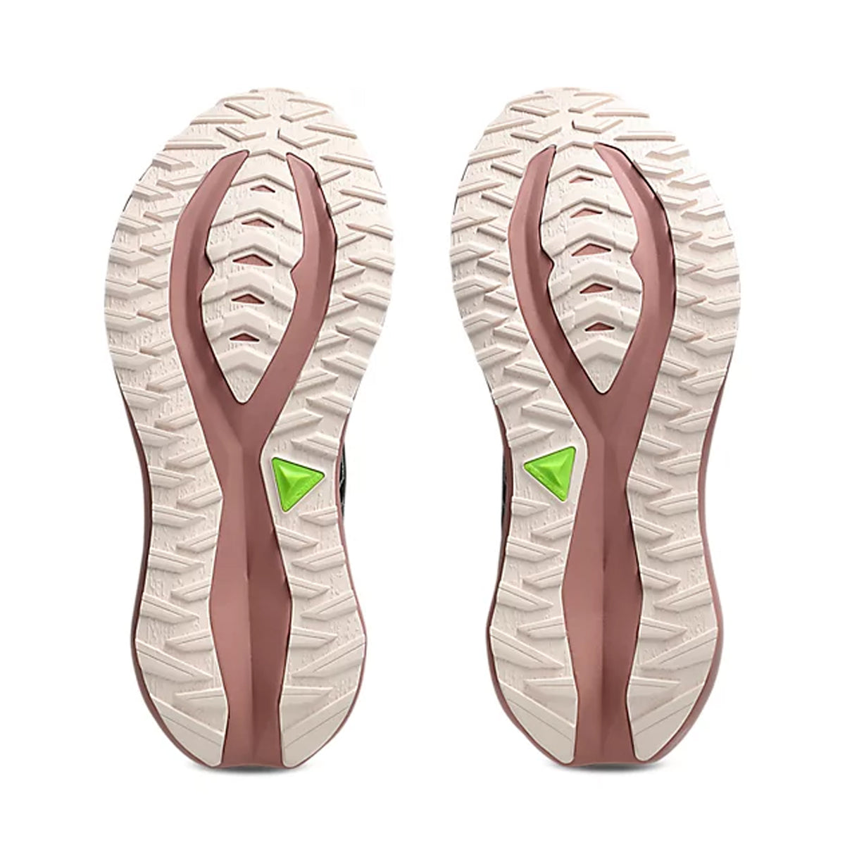 Pair of running shoe soles with wavy white tread, brown central sections, and green triangle accents near the arch area—these Women’s Blazeblast Running Shoes in Dark Aubergine / Rose Dust feature advanced FF BLAST MAX cushioning technology, as seen in the ASICS Blazeblast series—viewed from the bottom against a white background.