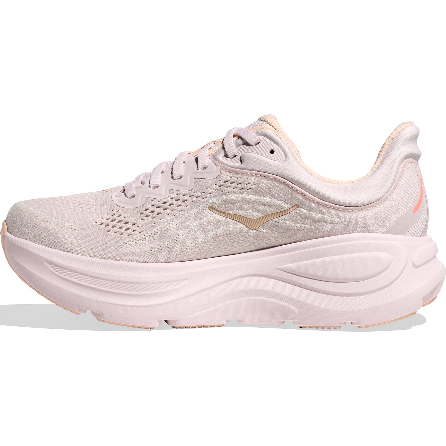 Women's HOKA Bondi 9 Running Shoes Lilac Cream Tangerine Glow inner side view showing soft plush cushioning with smooth transitions for comfortable everyday training