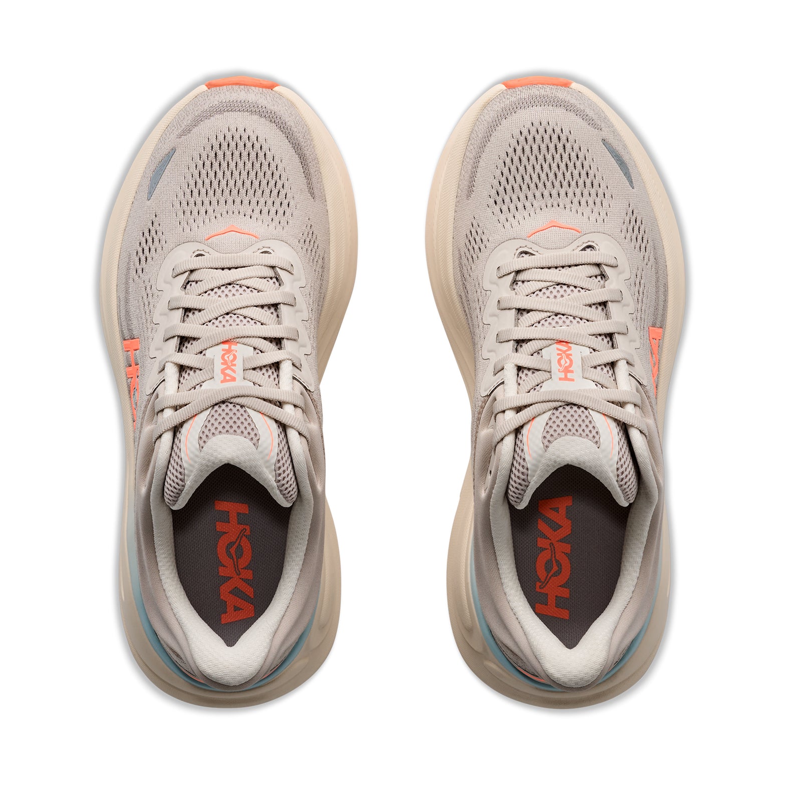 Women's HOKA Bondi 9 Running Shoes River Rock Grey Mineral Ore top view showing engineered mesh upper with 55% recycled polyester and reflective details for accommodating fit during daily running