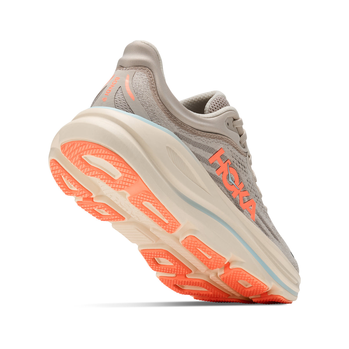 Women's HOKA Bondi 9 Running Shoes River Rock Grey Mineral Ore angled side and heel view showing super critically foamed EVA with increased stack height, MetaRocker geometry and Durabrasion outsole for maximum cushioned road running