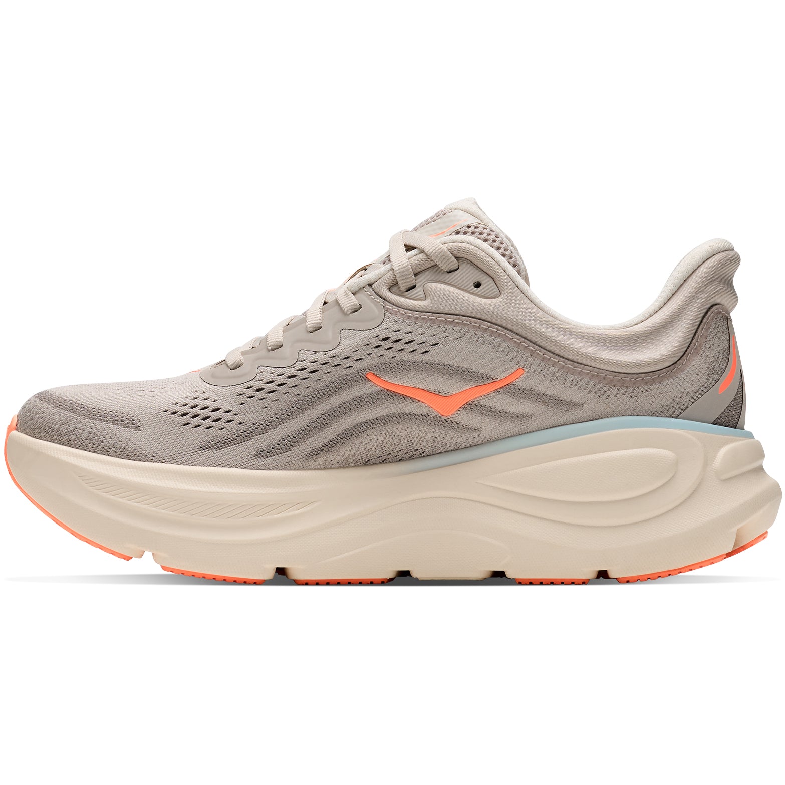 Women's HOKA Bondi 9 Running Shoes River Rock Grey Mineral Ore inner side view showing Active Foot Frame rearfoot stability with super critical EVA foam and moulded EVA sockliner for plush comfortable running