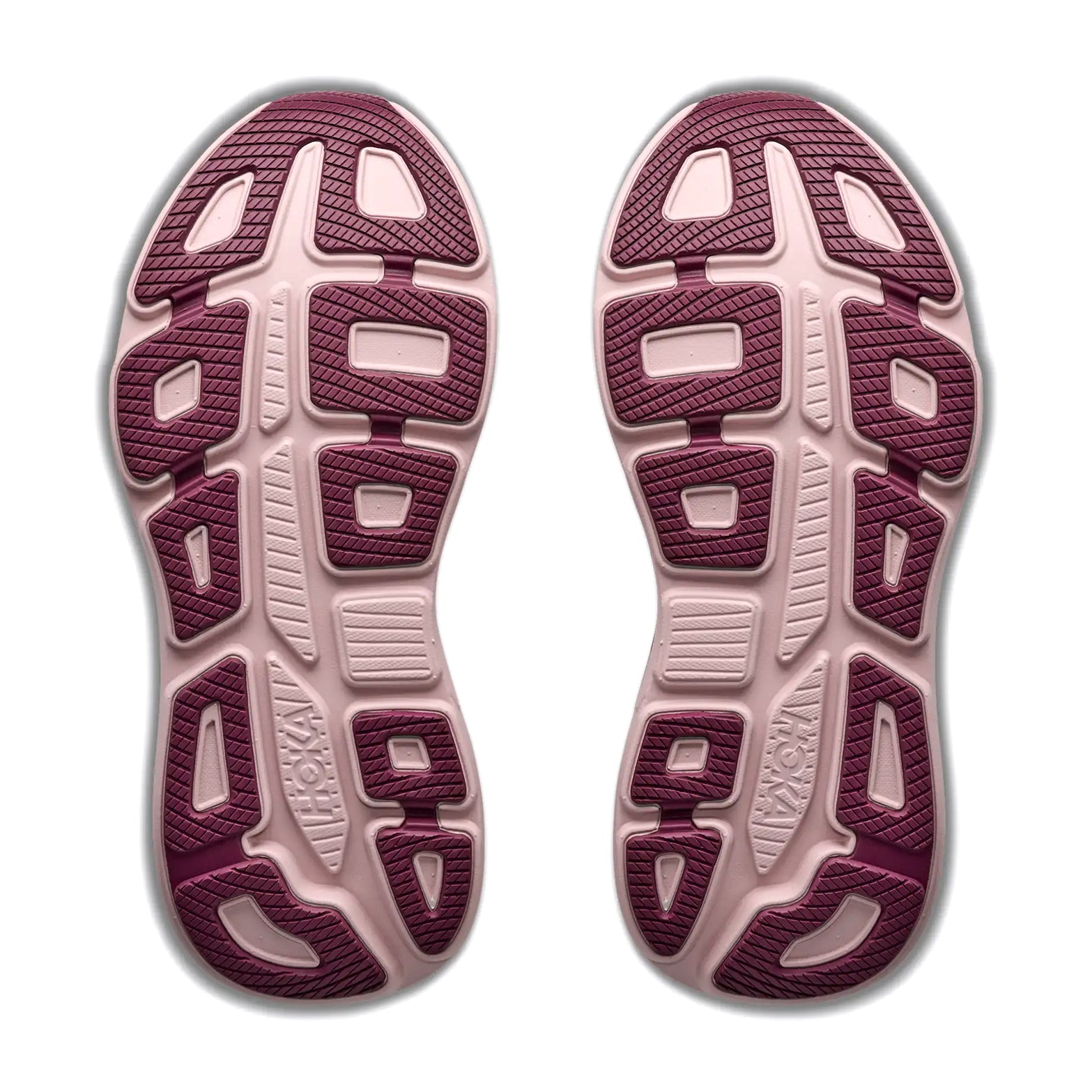 Women's HOKA Bondi 9 Running Shoes White Pink Opal sole view displaying Durabrasion rubber outsole with MetaRocker geometry for effortless transitions and long-lasting road running durability