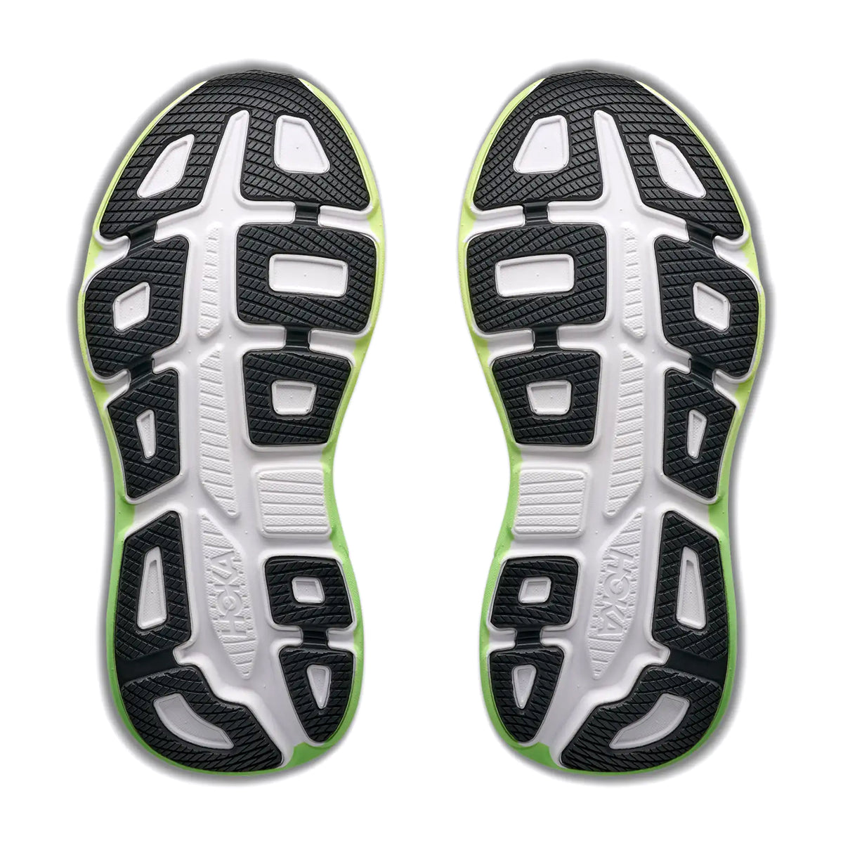 Women's HOKA Bondi 9 Wide Fit Running Shoes White Tart Apple sole view displaying Durabrasion rubber outsole with MetaRocker geometry and wide fit platform for effortless transitions during road running