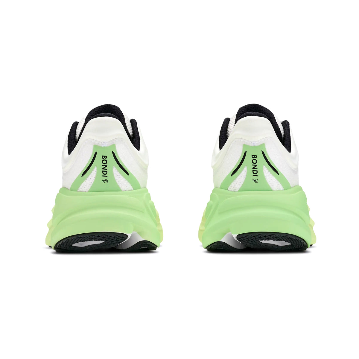 Women's HOKA Bondi 9 Wide Fit Running Shoes White Tart Apple heel view showing increased stack height with redesigned 3D moulded collar and extended heel pull for secure comfortable wide fit