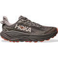 The Hoka Women’s Challenger 8 GORE-TEX Trail Running Shoes in Cement/Gravel feature a gray and black design with orange accents, a thick cushioned sole, and signature HOKA branding on the side, providing exceptional comfort and support for your outdoor adventures.