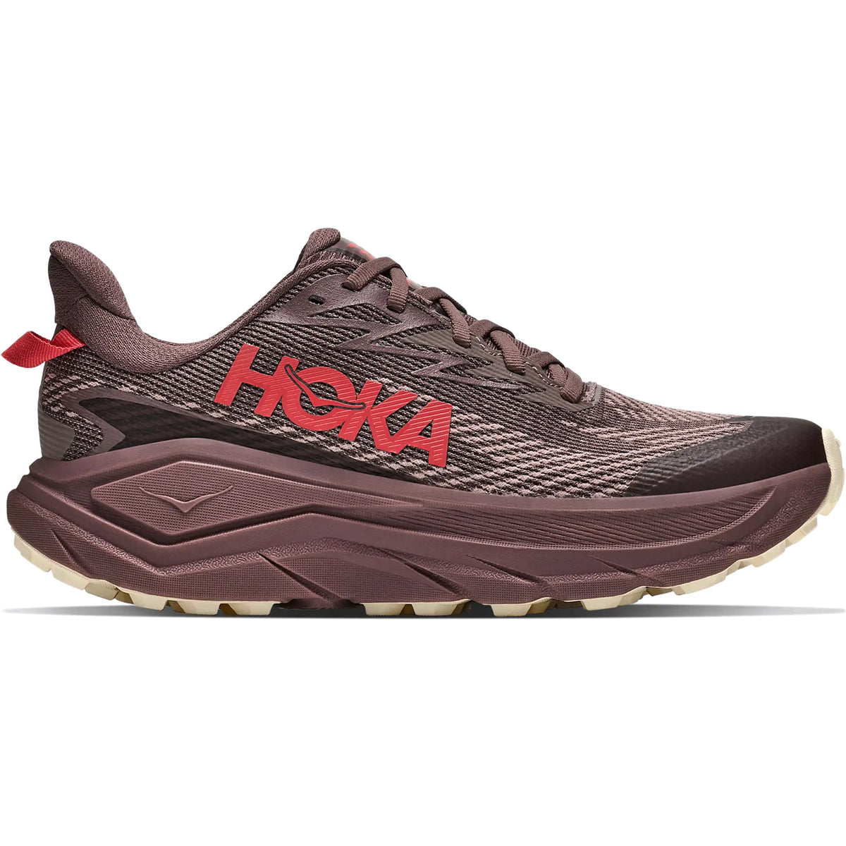 Hoka Women’s Challenger 8 GORE-TEX Trail Running Shoes in Smokey Quartz / Alabaster, featuring a dark purple cushioned upper with a bright red logo, a thick midsole, and a beige lugged outsole.