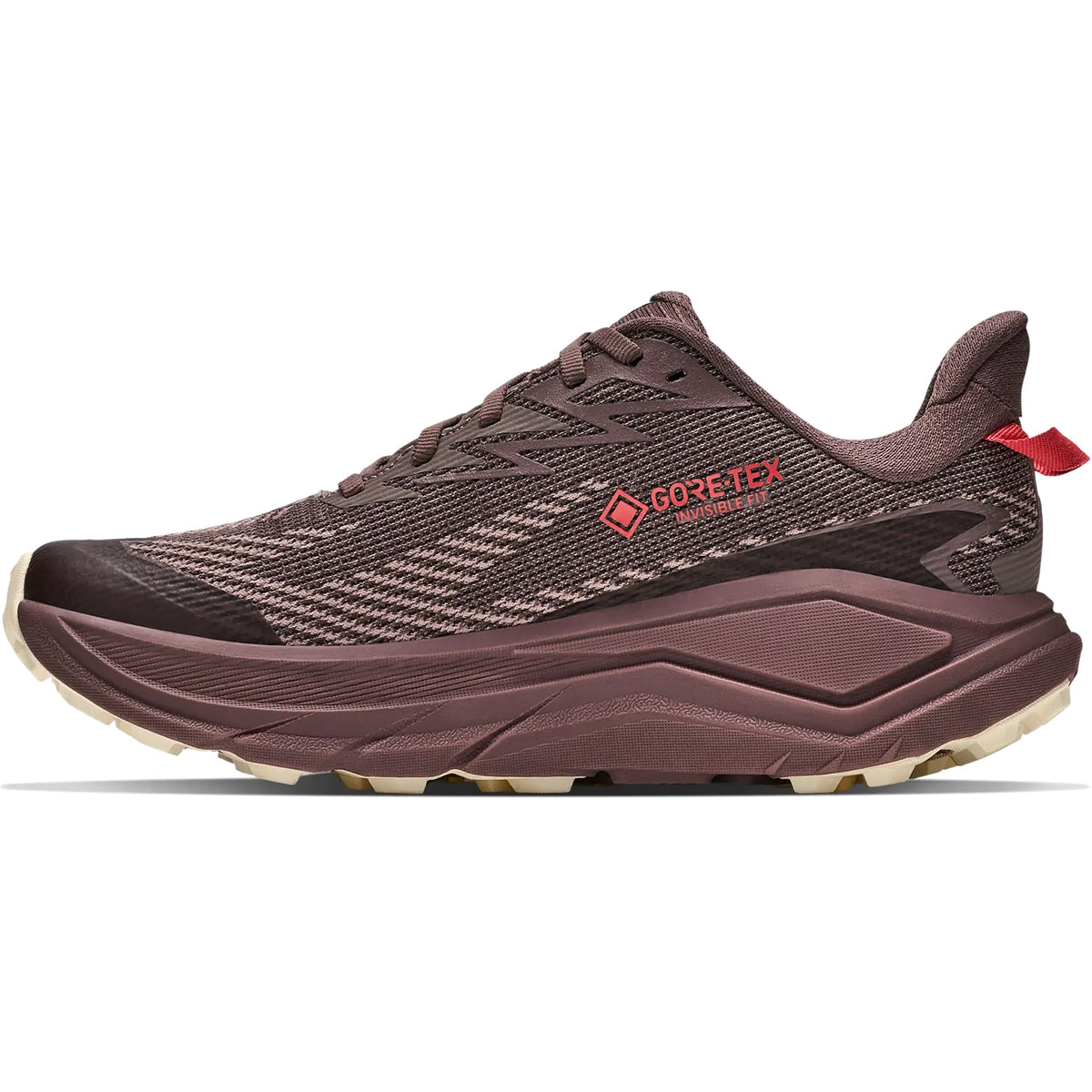 Dark purple Hoka Women’s Challenger 8 GORE-TEX Trail Running Shoes Smokey Quartz / Alabaster with a thick cushioned midsole and a red heel pull tab.