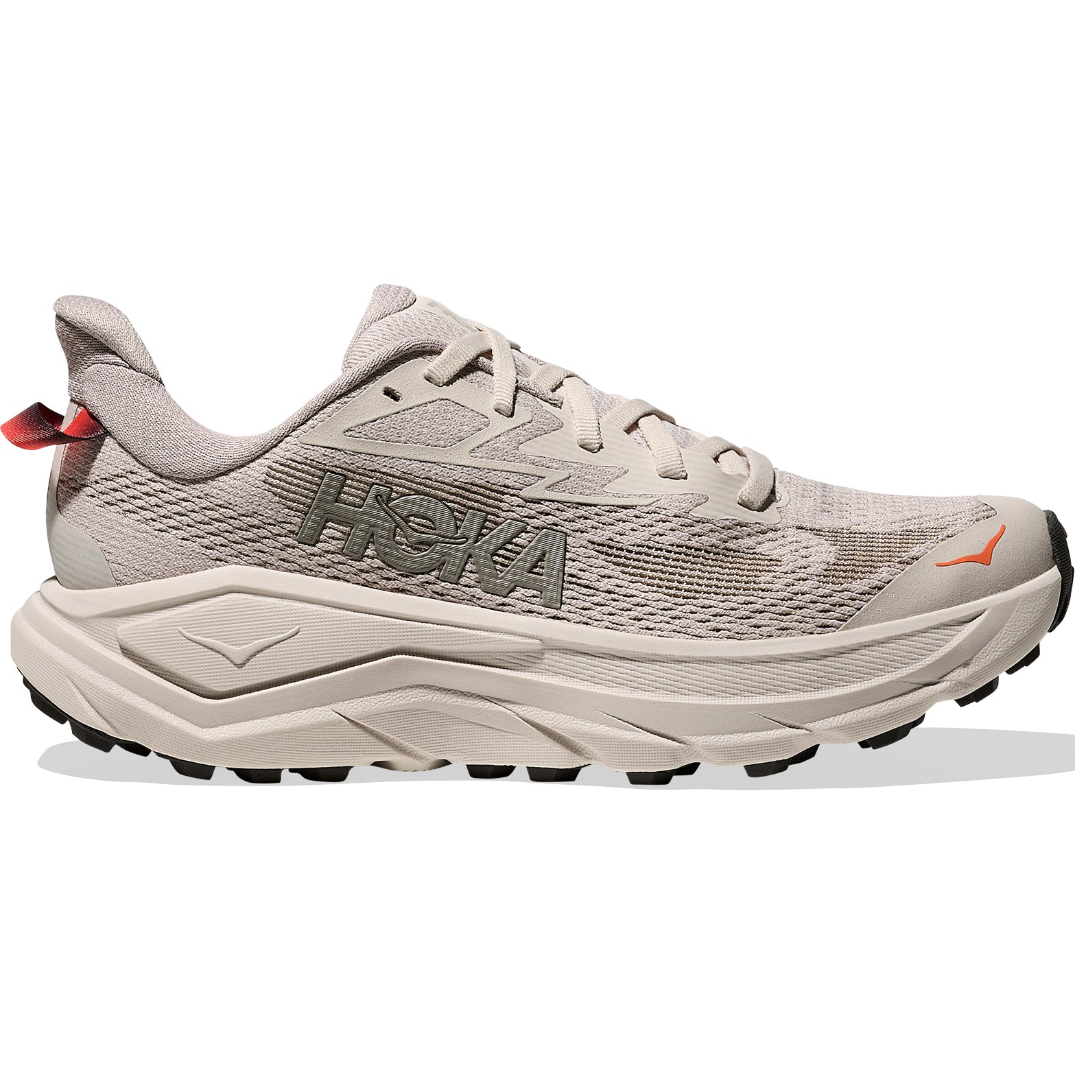 Women's HOKA Challenger 8 Wide Fit Trail Running Shoes Stucco Asphalt Grey outer side view showing cushioned midsole with wide fit construction and trail-ready upper