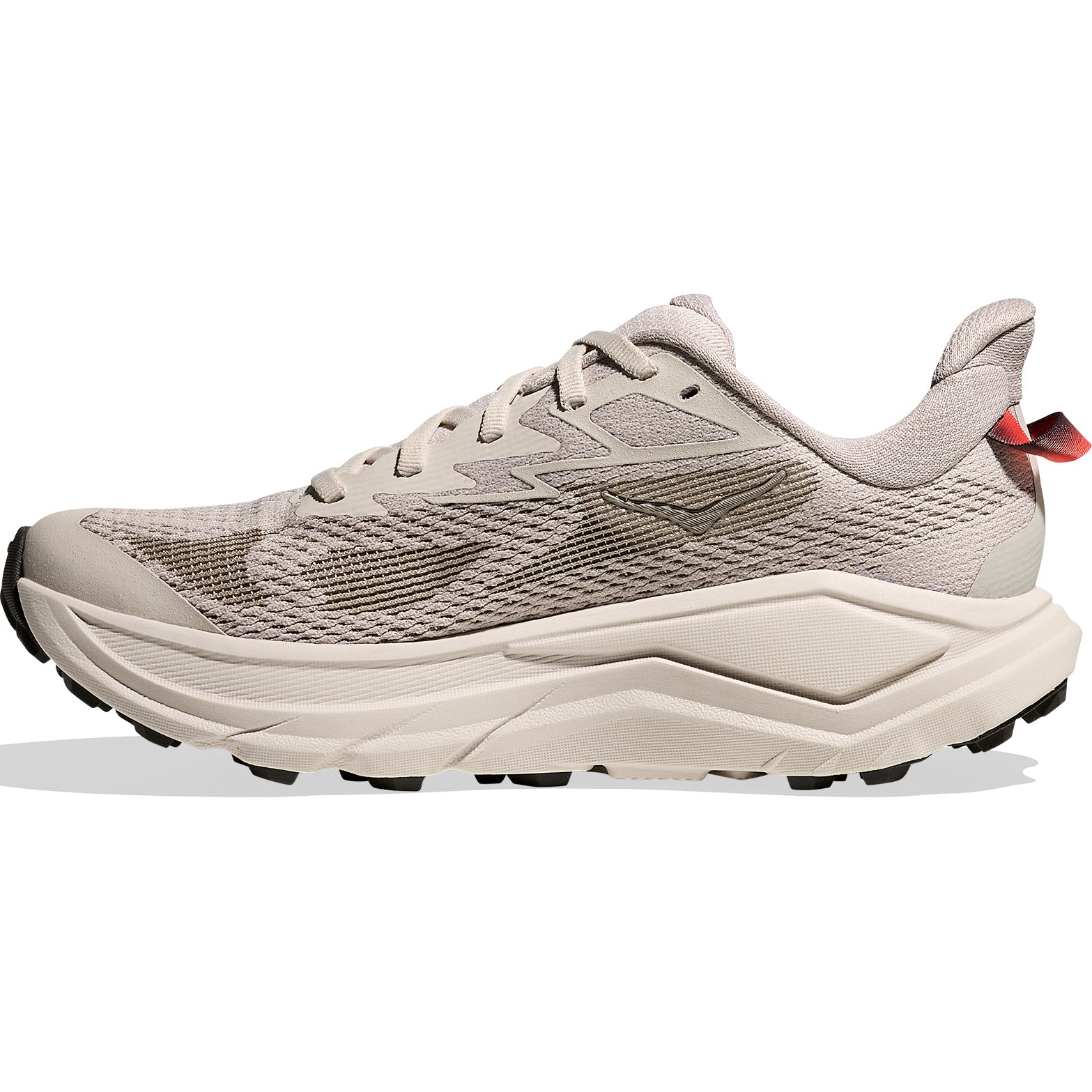 Women's HOKA Challenger 8 Wide Fit Trail Running Shoes Stucco Asphalt Grey inner angled view showing wide fit toe box with HOKA cushioning and trail running construction