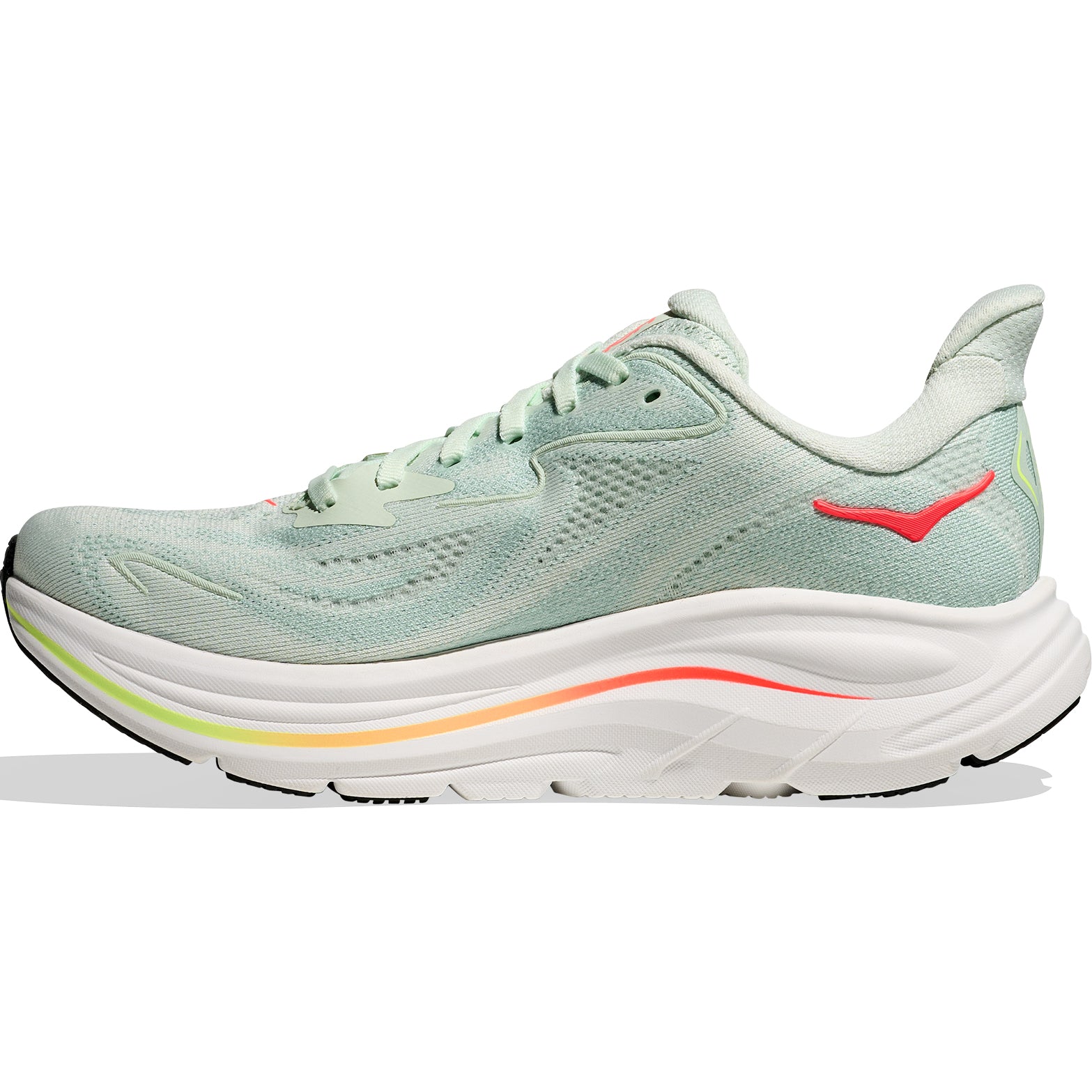 HOKA Clifton 10 Wide Fit women's running shoe in Sea Glass / Neon Flame — inner view showing sea glass jacquard knit upper, Active Foot Frame heel construction and compression-moulded EVA midsole