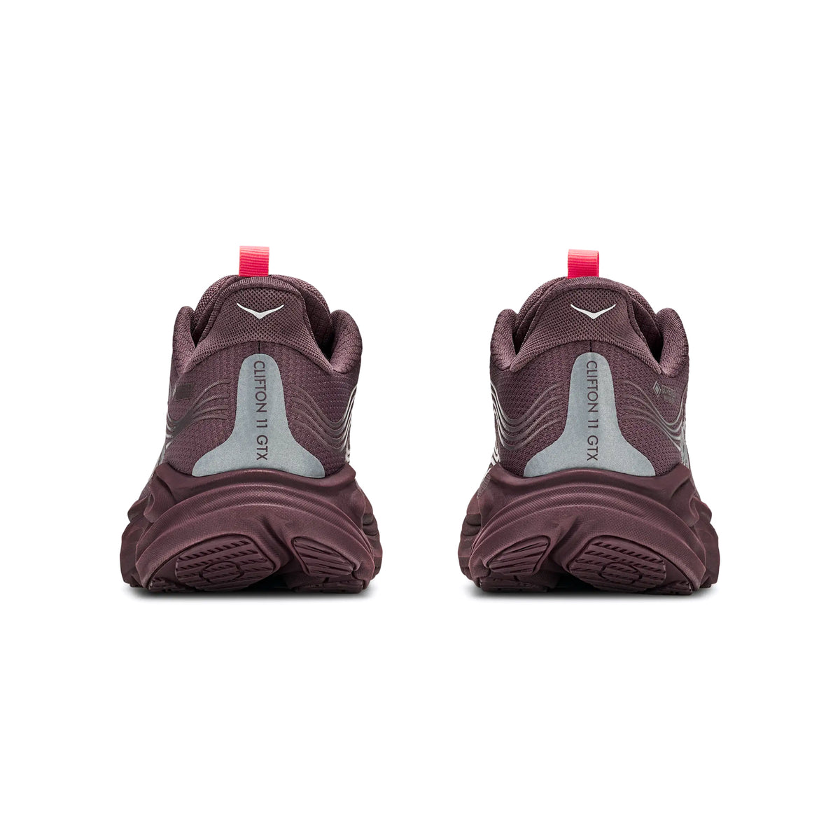 Shown from the back, this pair of Hoka Women’s Clifton 11 GORE-TEX Running Shoes in Smoky Quartz / Deep Mauve displays “CITICON GTX” on the heels and features pink pull tabs—these stylish sneakers offer all-weather performance and protection.