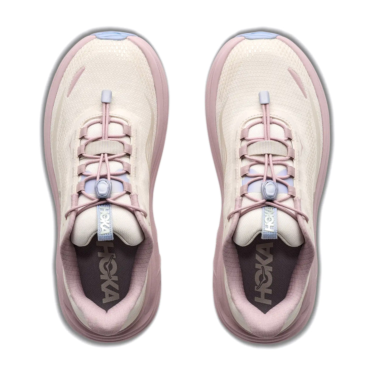 Top view of a pair of Hoka Women’s Clifton 11 Glimmers GORE-TEX Running Shoes in Alabaster and Pink Opal, featuring elastic laces with a toggle closure and plush EVA cushioning. These waterproof shoes are displayed on a white background.
