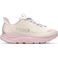A light pink and cream athletic shoe featuring a thick, cushioned EVA sole, breathable mesh upper, and lace-up closure is shown from the side. The HOKA logo is visible on the side of the shoe, indicating it as the Women’s Clifton 11 Glimmers GORE-TEX Running Shoe in Alabaster / Pink Opal—an ideal choice for those seeking comfort and support.