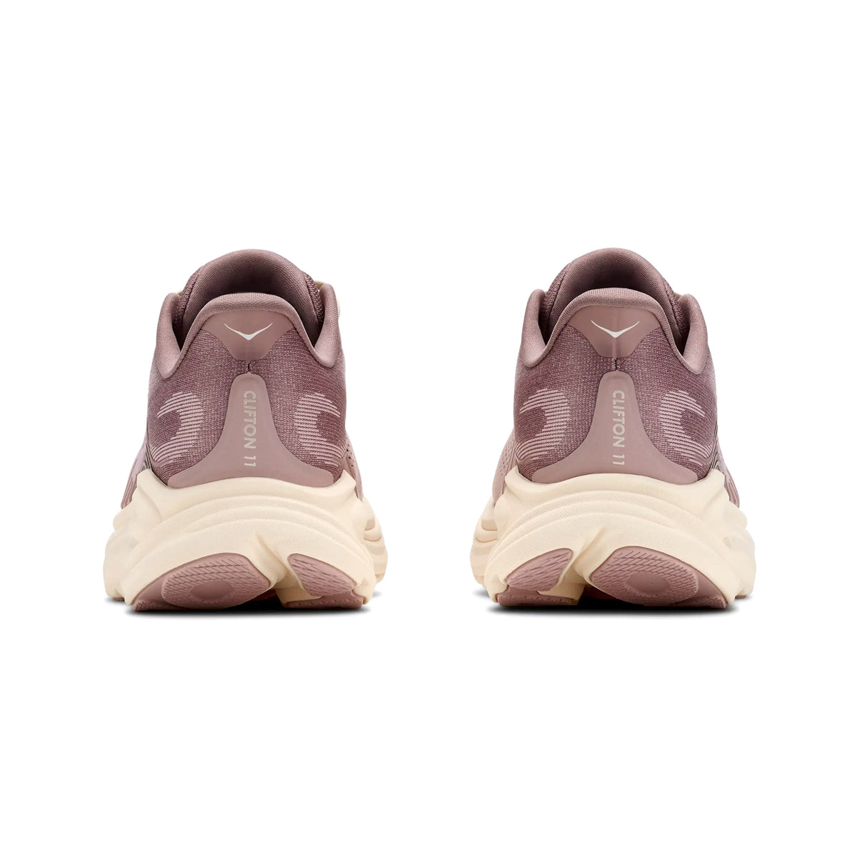 A pair of Hoka Women’s Clifton 11 Glimmers Running Shoes in Pink Opal and Quartzite, shown from the back, featuring light-colored soles made from compression moulded foam and curved design details on the heel.