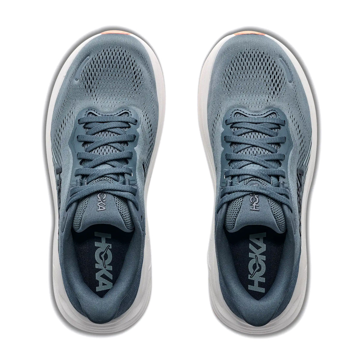 Women's HOKA Clifton 11 Running Shoes Faded Navy Glimmering Blue top view showing elevated engineered mesh upper with 3D silicone print and tactile touchpoints for lightweight daily running
