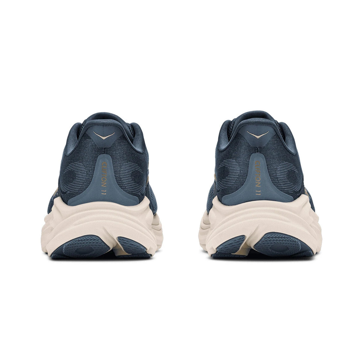 Back view of two Women’s Clifton 11 Running Shoes in Faded Navy / Slate Blue with thick, cream-colored midsoles.
