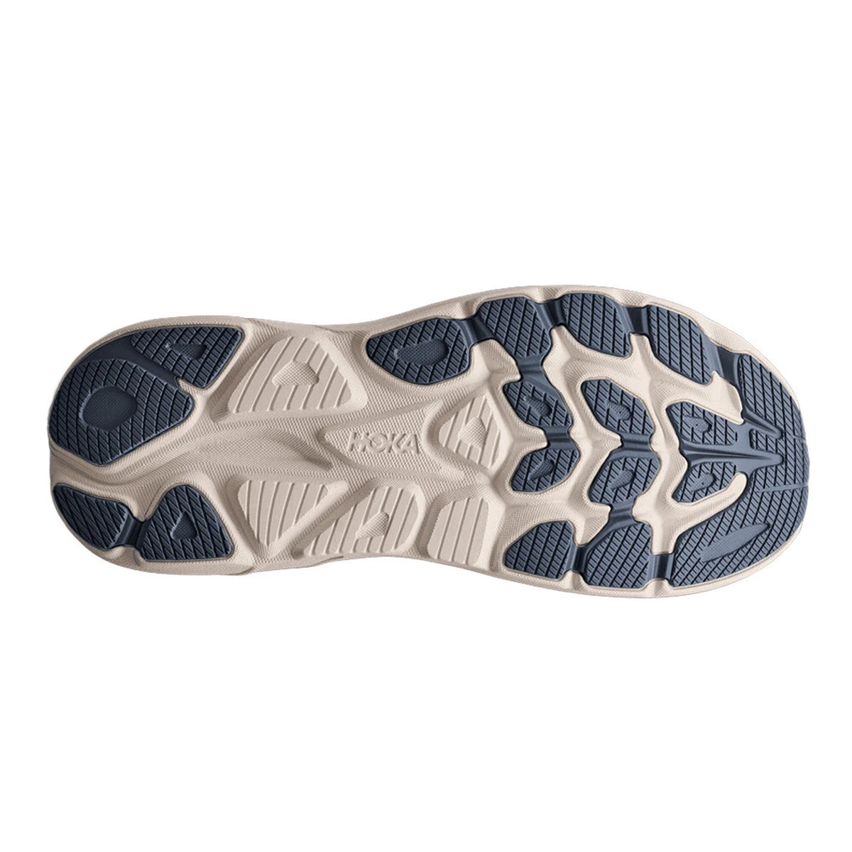 Outsole of the Women’s Clifton 11 Running Shoes Faded Navy / Slate Blue, featuring a tan compression moulded EVA foam midsole and dark blue rubber traction pads.