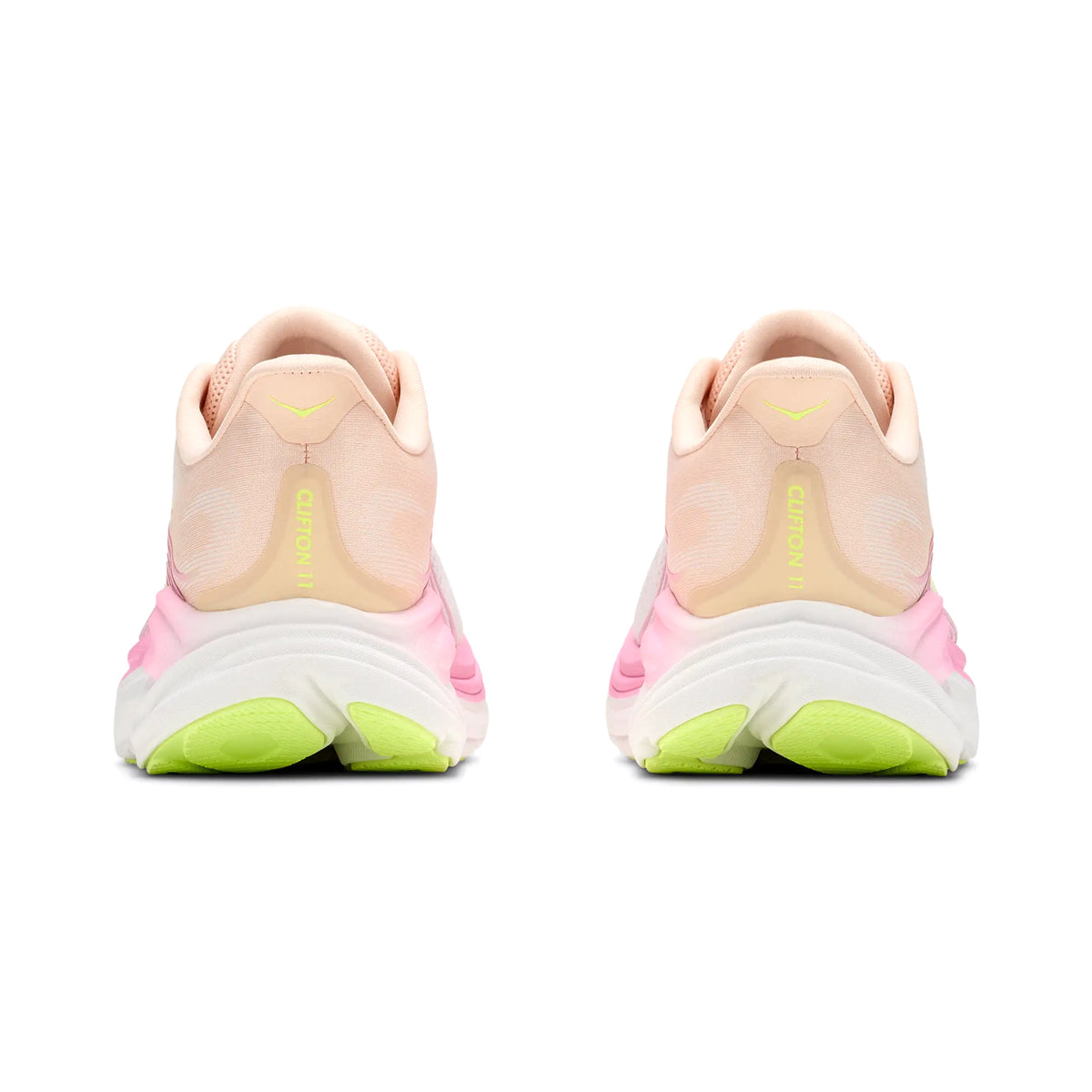 Women's HOKA Clifton 11 Running Shoes Tangerine Glow White heel view showing compression moulded EVA foam with Active Foot Frame for supportive plush landings during road running