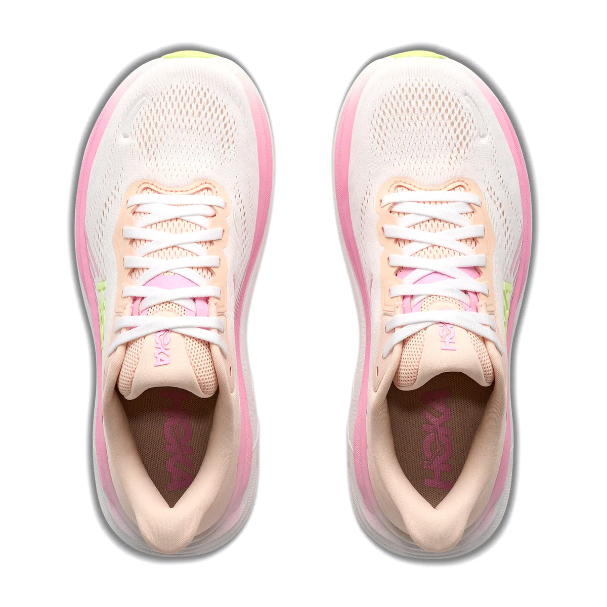 Women's HOKA Clifton 11 Running Shoes Tangerine Glow White top view showing elevated engineered mesh upper with 3D silicone print and tactile touchpoints for lightweight daily running