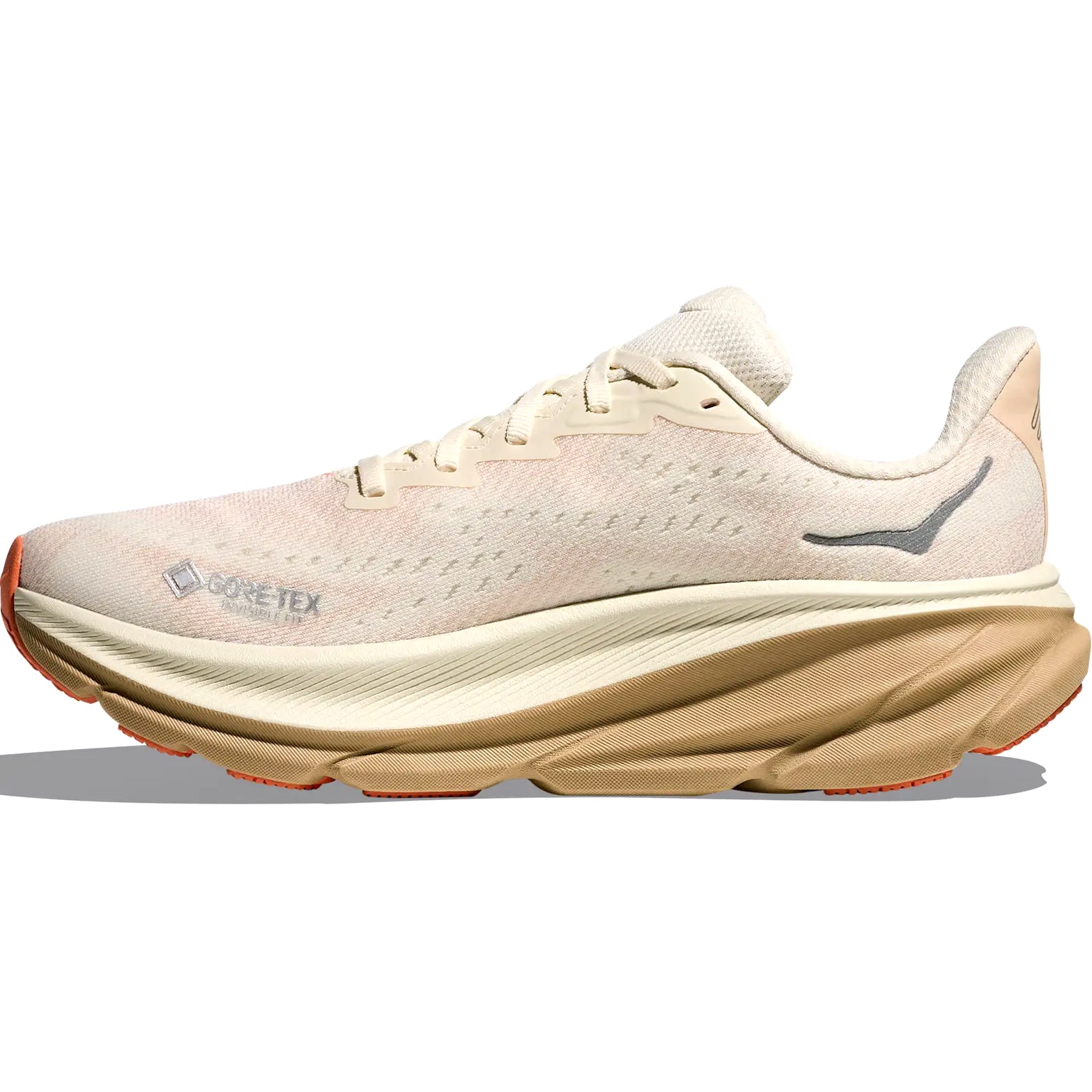 Women's HOKA Clifton 9 GORE-TEX Running Shoes Eggshell Khaki inner side view showing GORE-TEX waterproof protection and Clifton cushioned midsole
