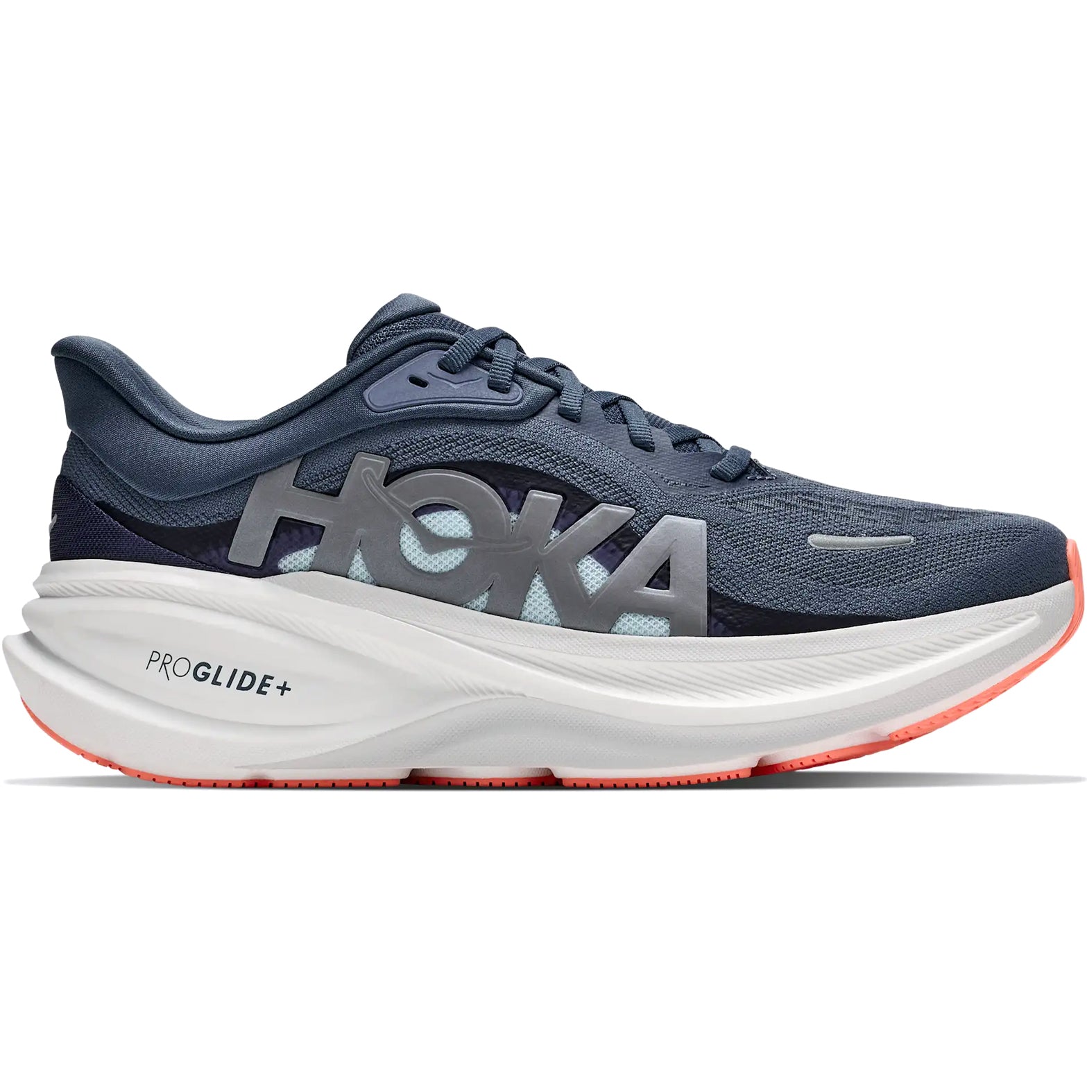 Women's HOKA Clifton Pro Running Shoes Faded Navy Glimmering Blue outer side view showing PROGLIDE+ series SCF foam with aggressive MetaRocker geometry for lively daily road running