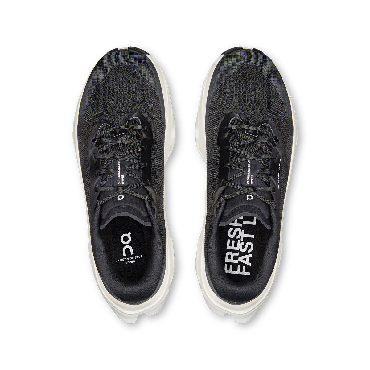 Women's On Cloudmonster 3 Hyper Running Shoes Black Ivory top view showing engineered mesh upper with breathability and soft internal lining