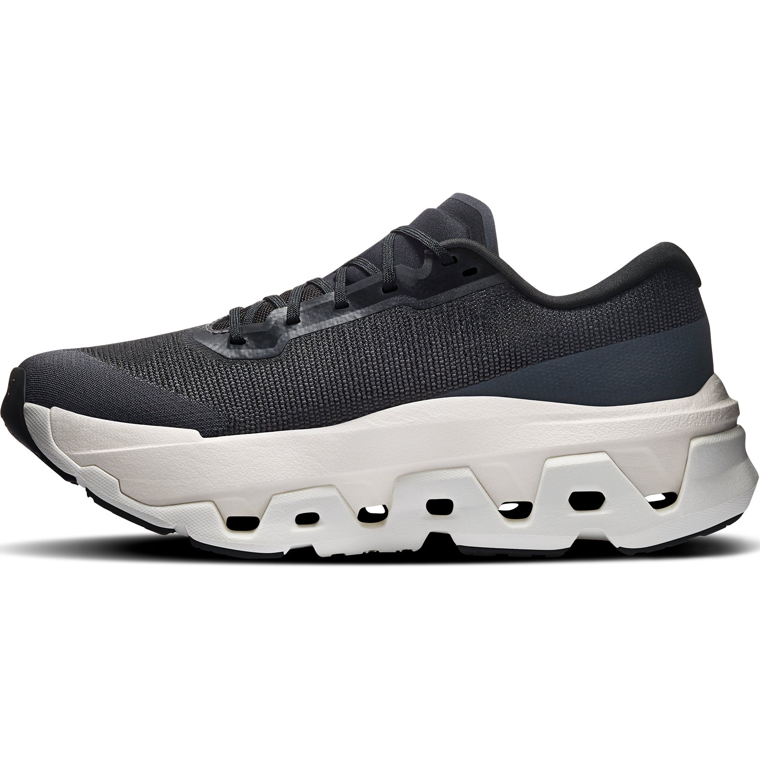 Women's On Cloudmonster 3 Hyper Running Shoes Black Ivory inner side view showing plateless CloudTec cushioning system and Helion HF hyper foam construction