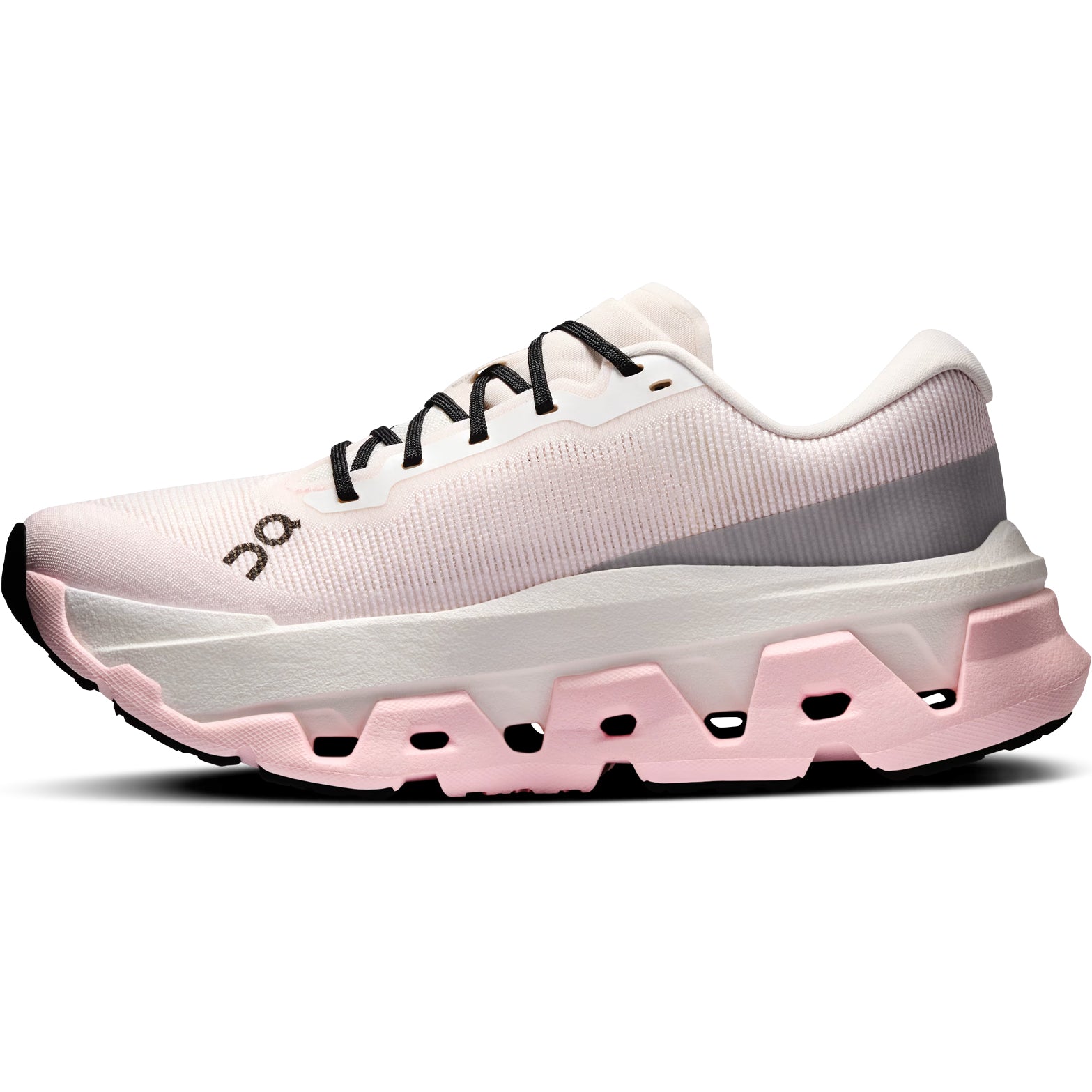 On Cloudmonster 3 Hyper women's running shoe in Ivory / Peony — inner view showing ivory upper, peony Helion™ foam midsole detailing and compressed rubber outsole construction