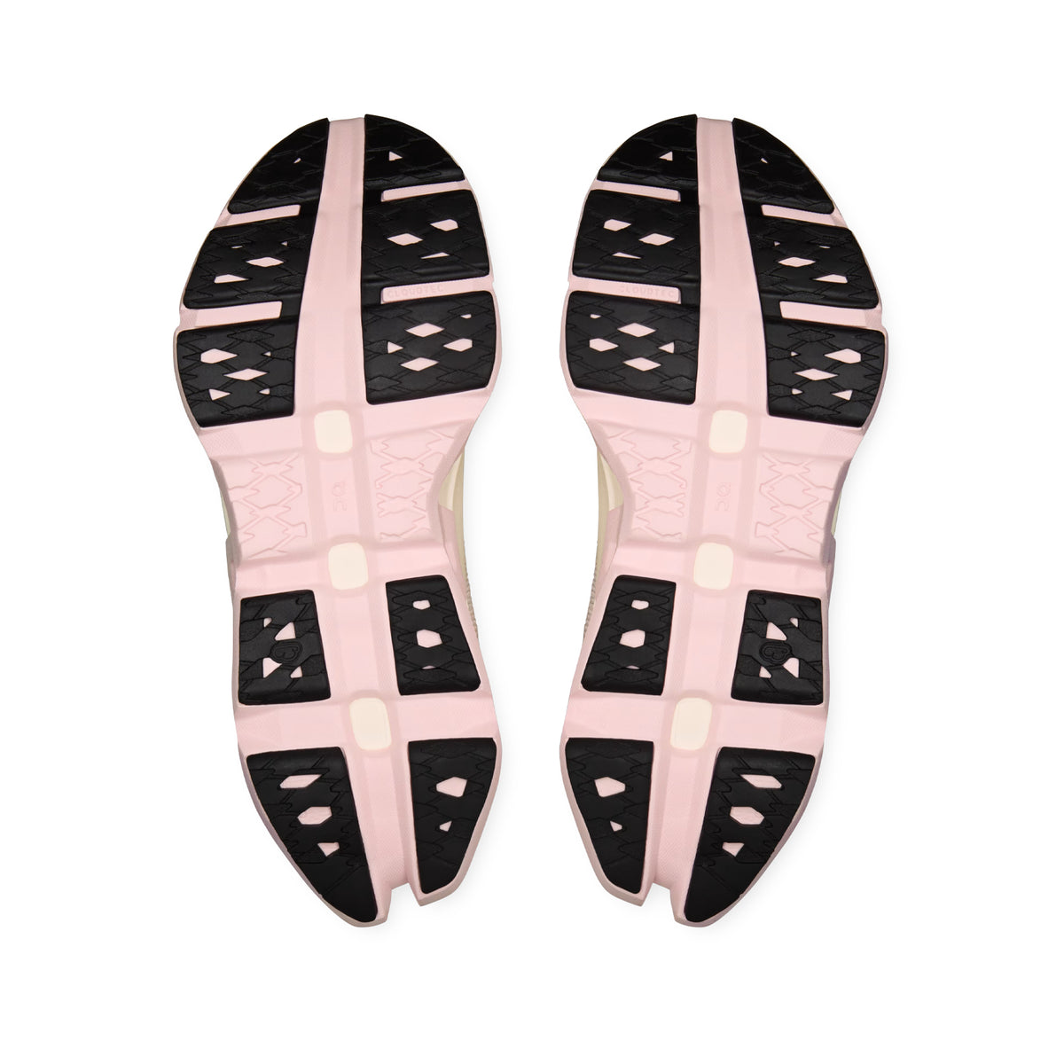 On Cloudmonster 3 Hyper women's running shoe in Ivory / Peony — outsole view showing compressed rubber tread pattern and peony triple-layer CloudTec® Helion™ foam midsole stack