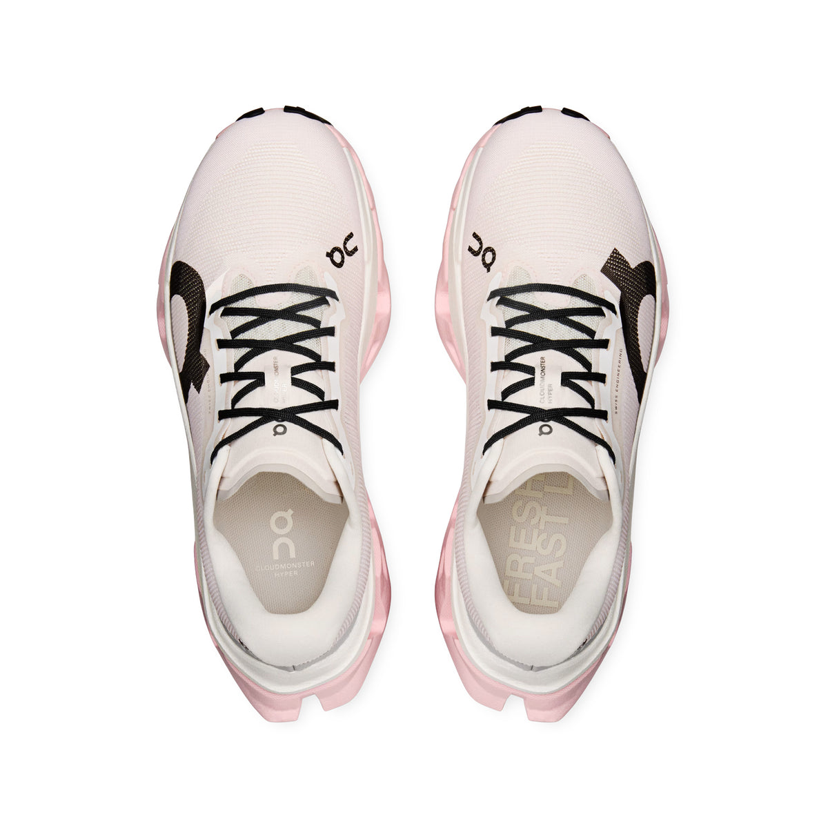 On Cloudmonster 3 Hyper women's running shoe in Ivory / Peony — top-down view showing ivory upper with breathability zones, enhanced tongue construction and lace closure with peony detailing