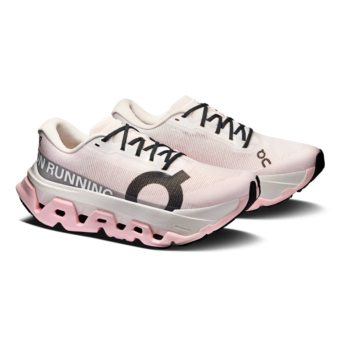 On Cloudmonster 3 Hyper women's running shoe in Ivory / Peony — angled side view showing ivory upper, Speedboard® profile, enhanced rocker geometry and peony triple-layer CloudTec® Helion™ foam midsole stack