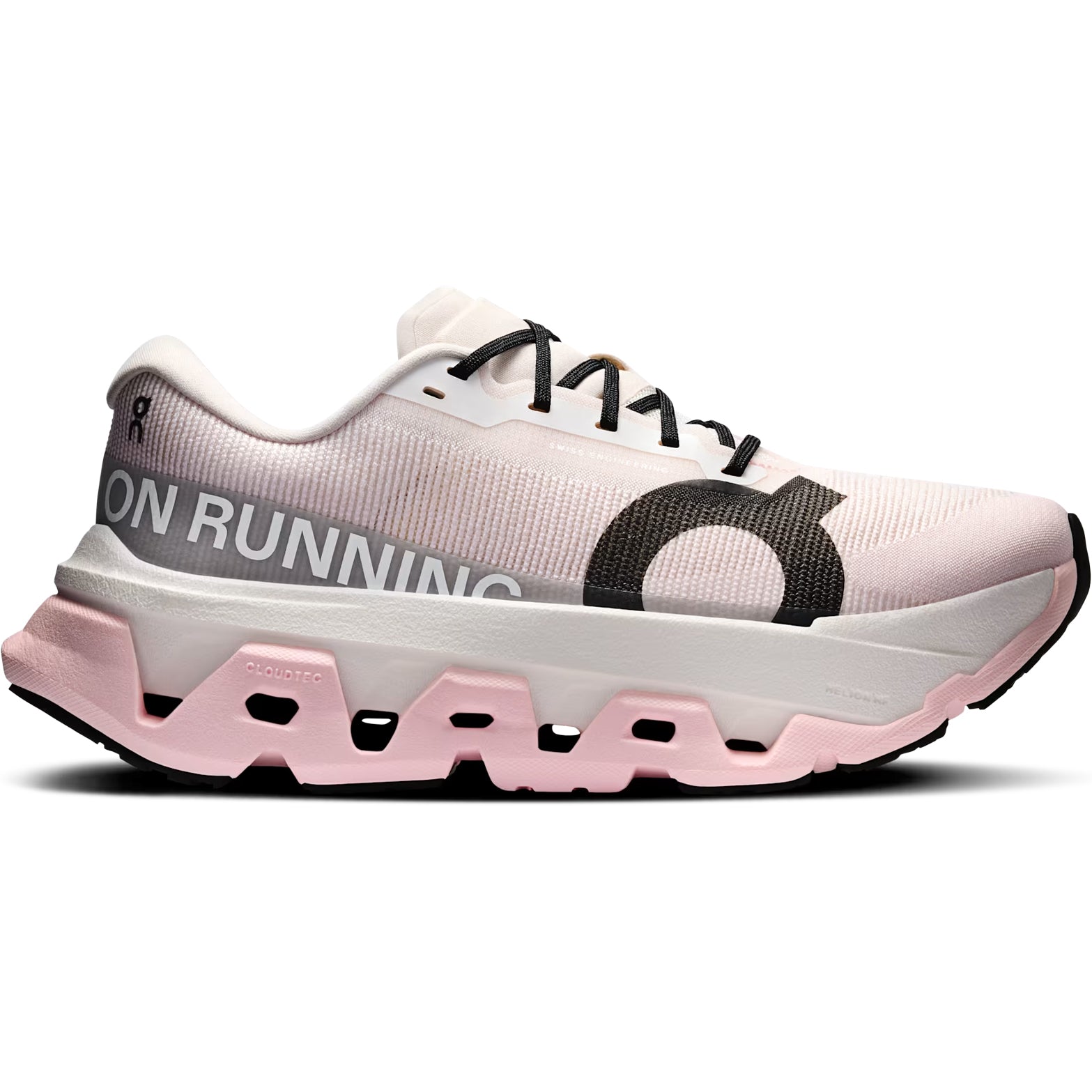 On Cloudmonster 3 Hyper women's running shoe in Ivory / Peony — outer view showing ivory upper with peony accent detailing, Speedboard® and triple-layer CloudTec® midsole profile
