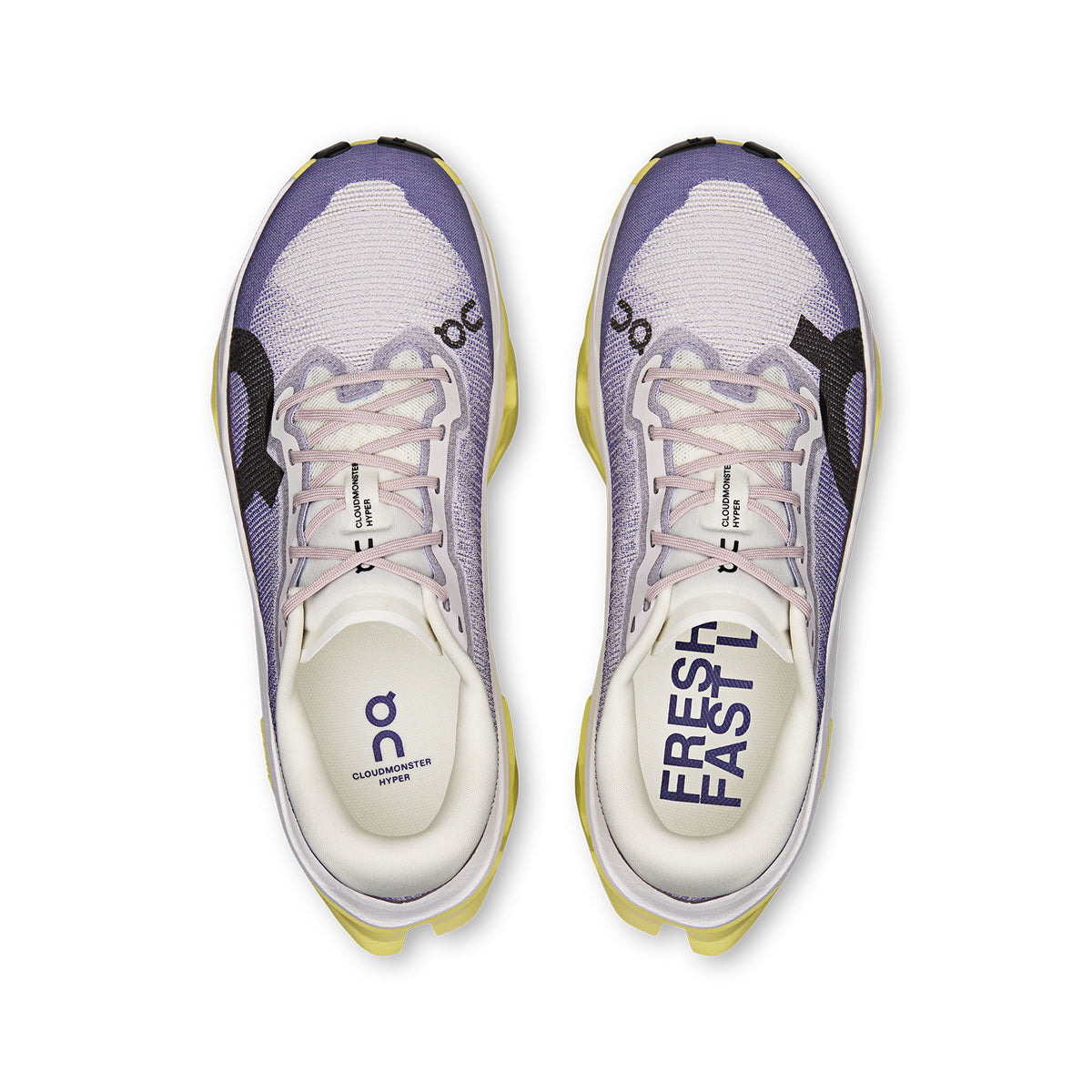 Women's On Cloudmonster 3 Hyper Running Shoes Lily Limelight top view showing engineered mesh upper with breathability and soft internal lining