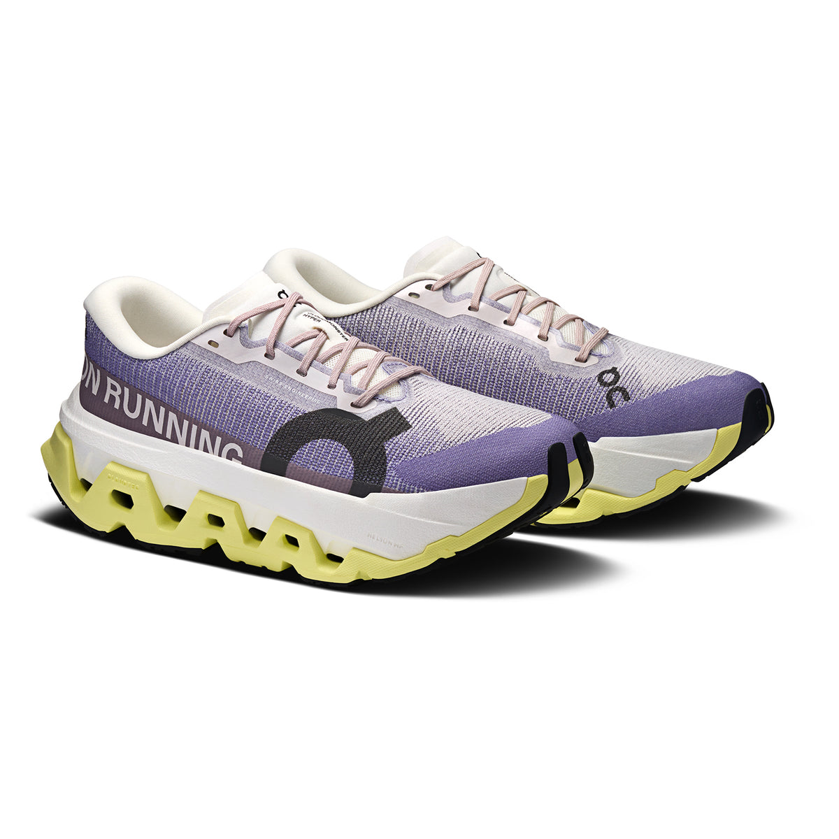 Women's On Cloudmonster 3 Hyper Running Shoes Lily Limelight angled side view showing dual-layer CloudTec cushioning, enhanced rocker geometry and plateless design