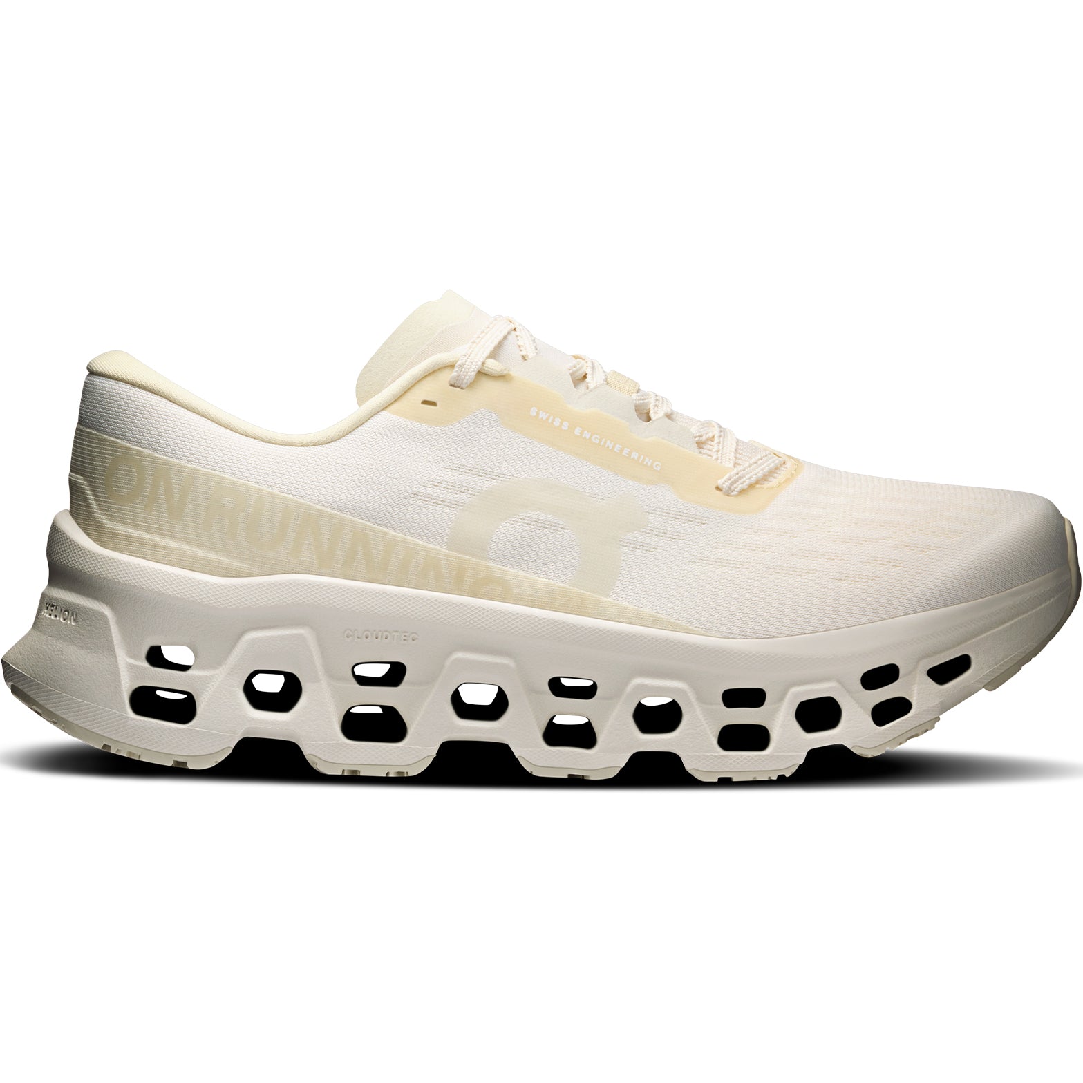 Women's On Cloudmonster 3 LN1 Running Shoes Ivory Ray outer side view showing triple-layer CloudTec cushioning with carbon-infused Speedboard and Lane 1 collaboration design for daily road running