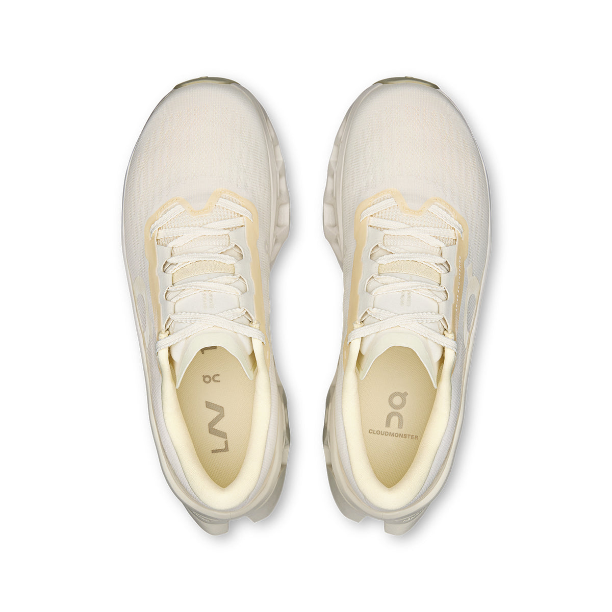 Women's On Cloudmonster 3 LN1 Running Shoes Ivory Ray top view showing engineered knit upper with Lane 1 edition design for comfortable daily running