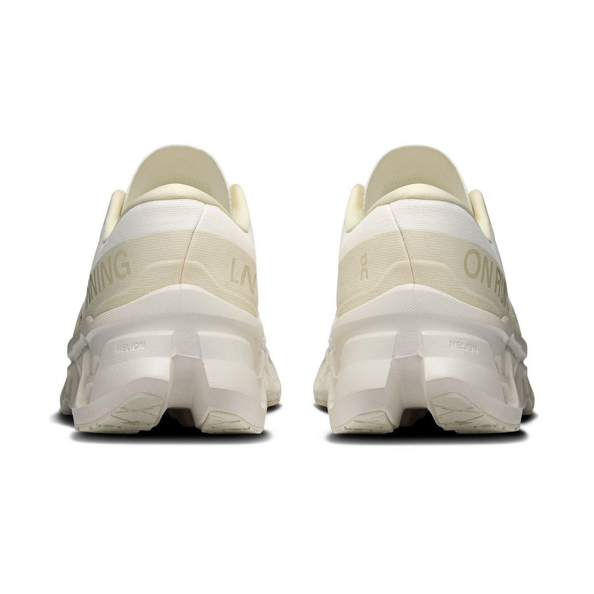 Women's On Cloudmonster 3 LN1 Running Shoes Ivory Ray heel view showing maximum triple-layer CloudTec cushioning stack with carbon-infused Speedboard and enhanced rocker shape