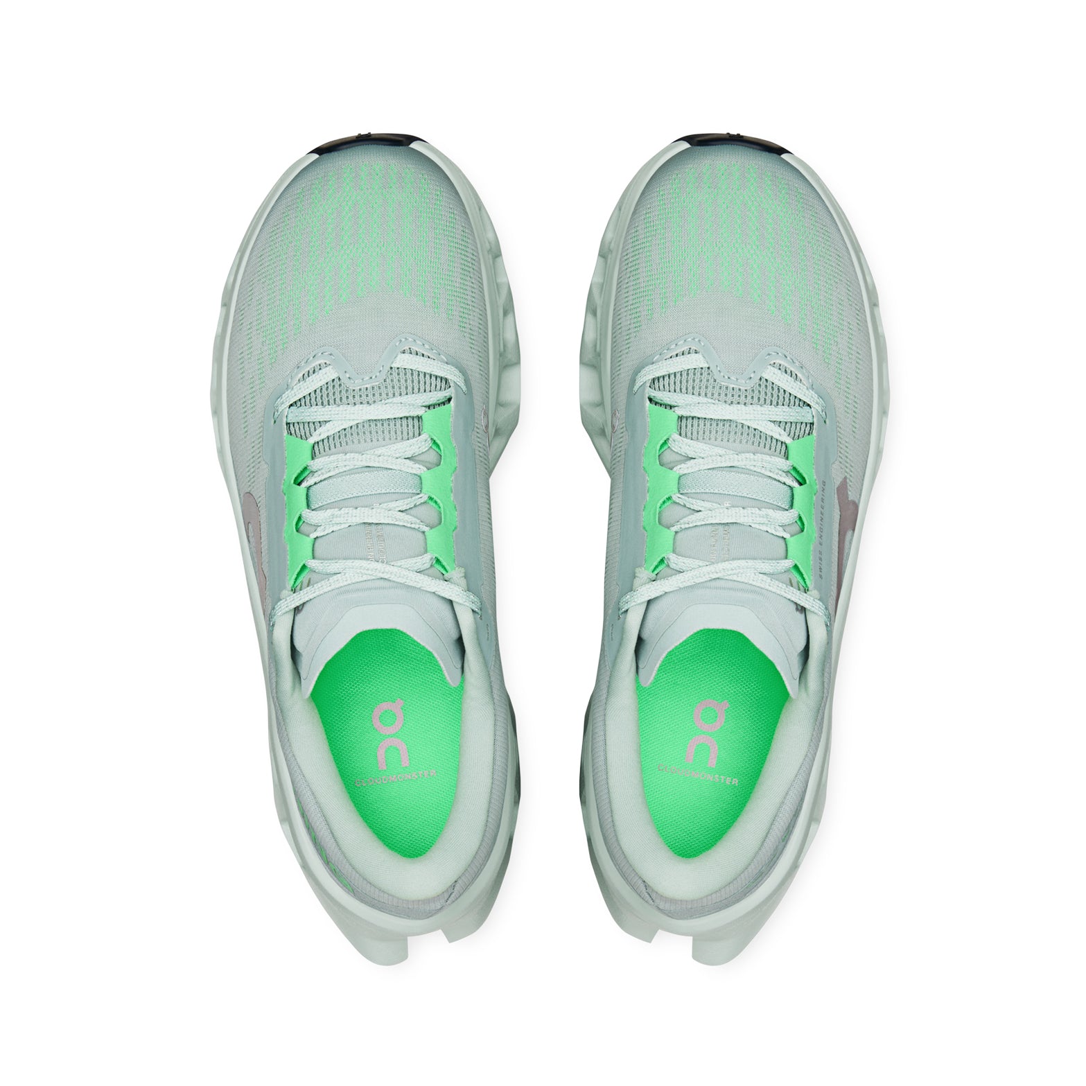 Women's On Cloudmonster 3 Running Shoes Brook Flurry top view showing engineered knit upper with breathability zones for comfortable daily running