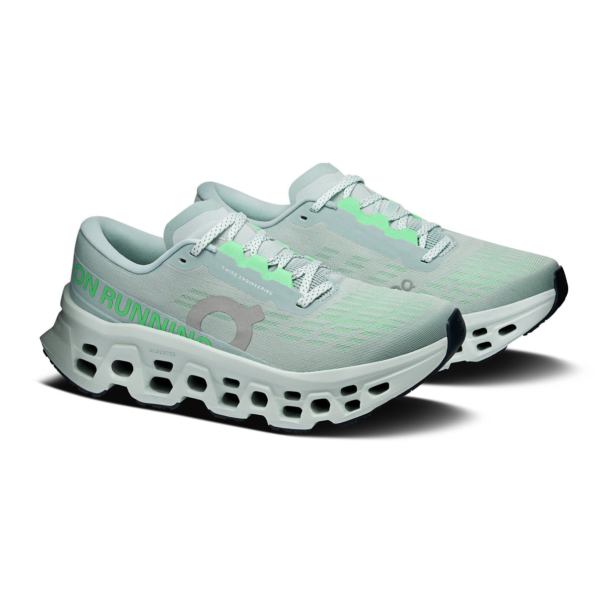 Women's On Cloudmonster 3 Running Shoes Brook Flurry angled side view of pair showing triple-layer CloudTec foam with carbon-infused Speedboard and enhanced rocker shape for maximum cushioned daily running