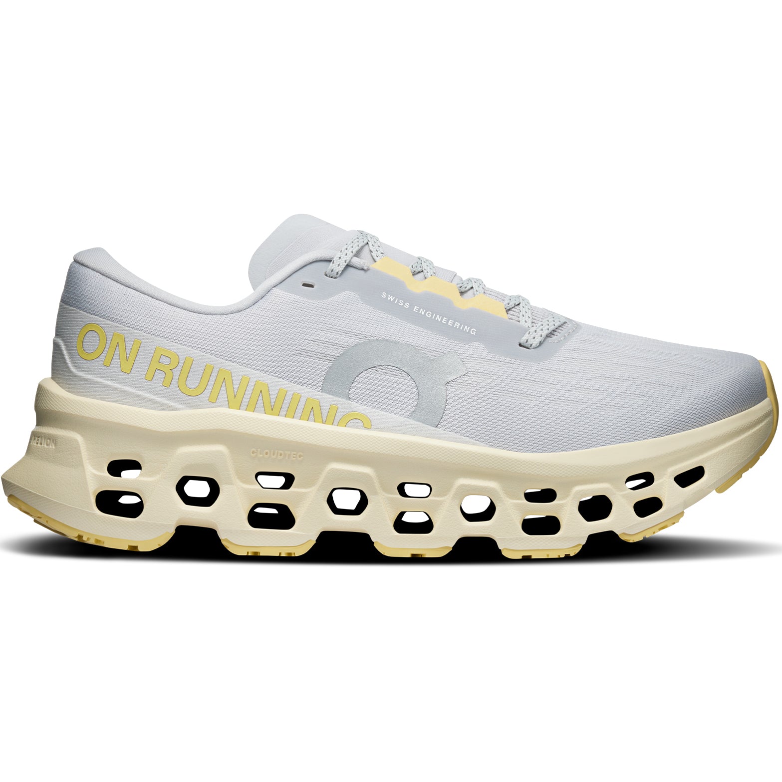 Women's On Cloudmonster 3 Running Shoes Glacier Pollen outer side view showing triple-layer CloudTec cushioning with Helion foam and enhanced rocker shape for maximum cushioned daily running