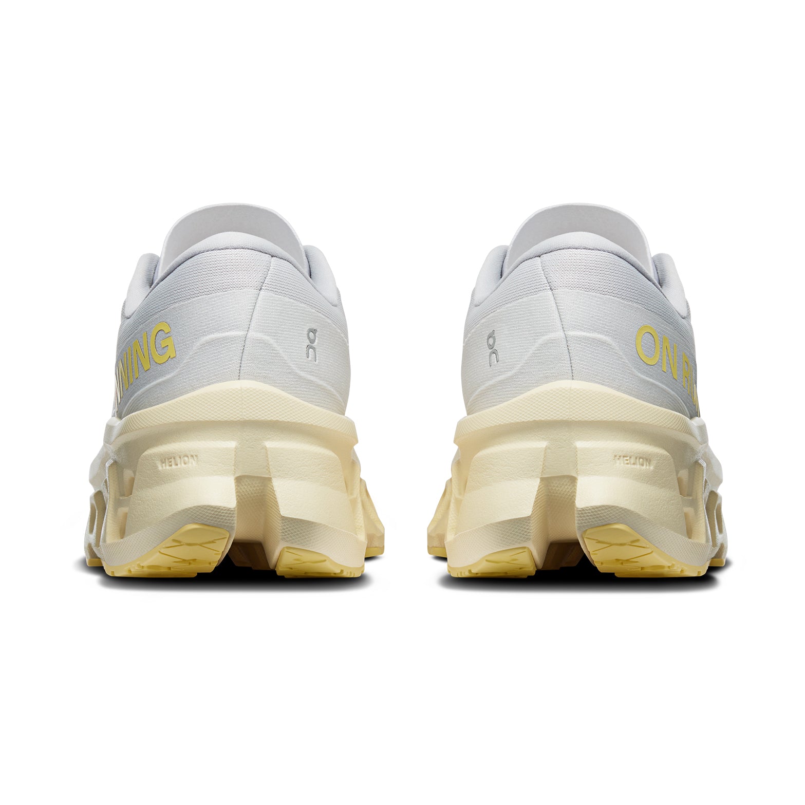 Women's On Cloudmonster 3 Running Shoes Glacier Pollen heel view showing triple-layer CloudTec cushioning stack with Helion foam and enhanced rocker shape for energetic push-offs