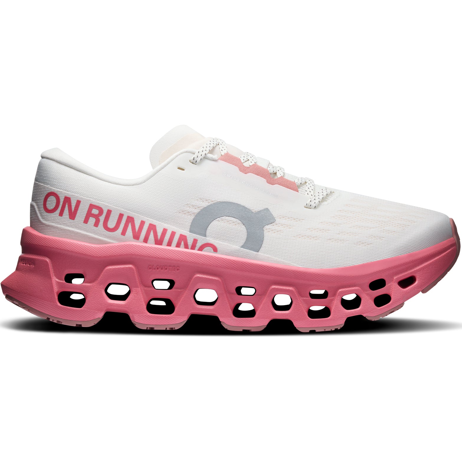 Women's On Cloudmonster 3 Running Shoes Ivory Camellia outer side view showing triple-layer CloudTec cushioning with Helion foam and enhanced rocker shape for maximum cushioned daily running