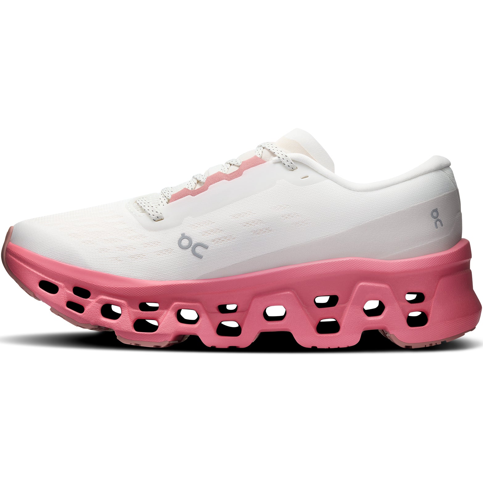 Women's On Cloudmonster 3 Running Shoes Ivory Camellia inner side view showing Helion foam with Speedboard propulsion and enhanced tongue design for secure lockdown during everyday training
