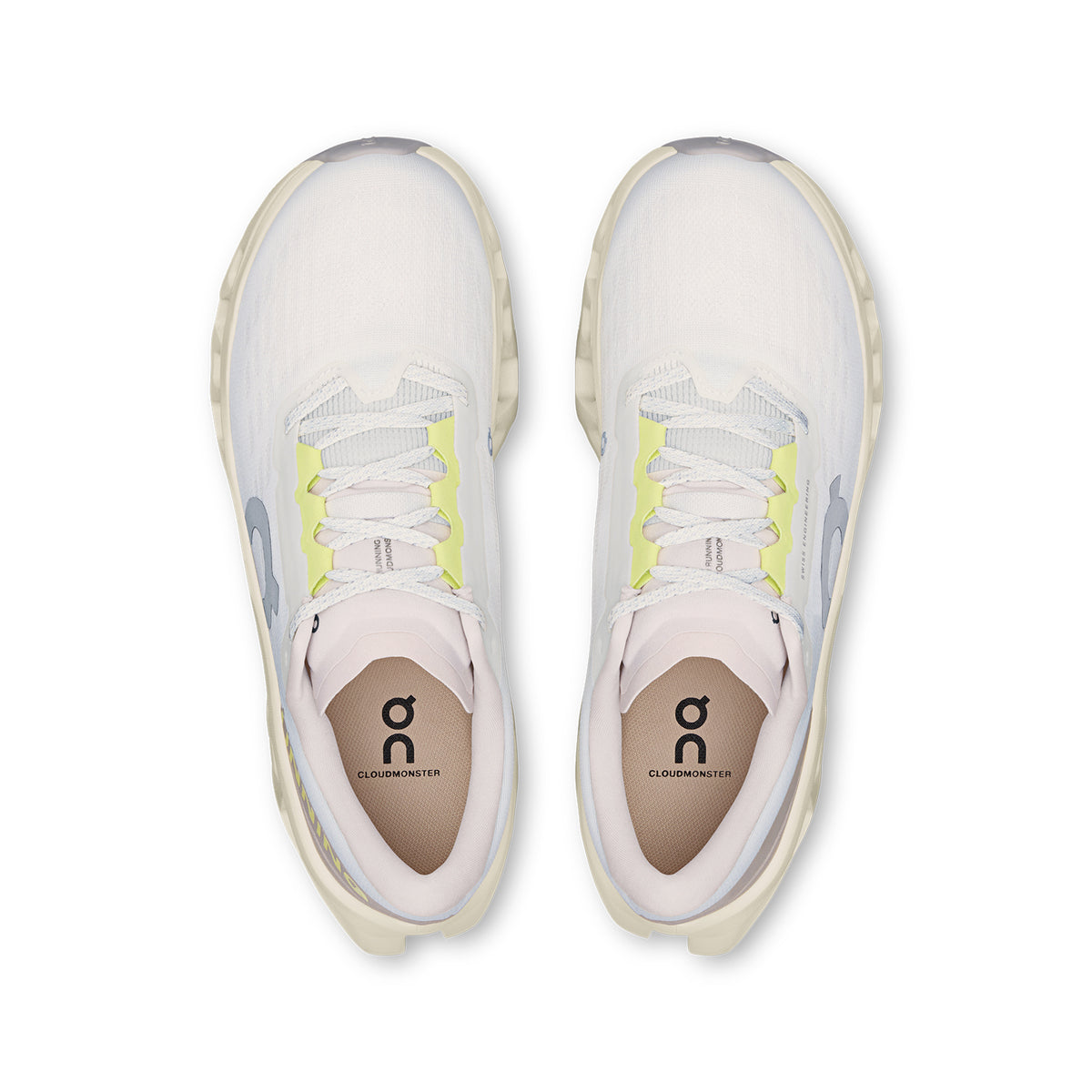 On Cloudmonster 3 women's running shoe in Ivory / Seedling — top-down view showing ivory upper construction, lace closure and seedling green accent detailing
