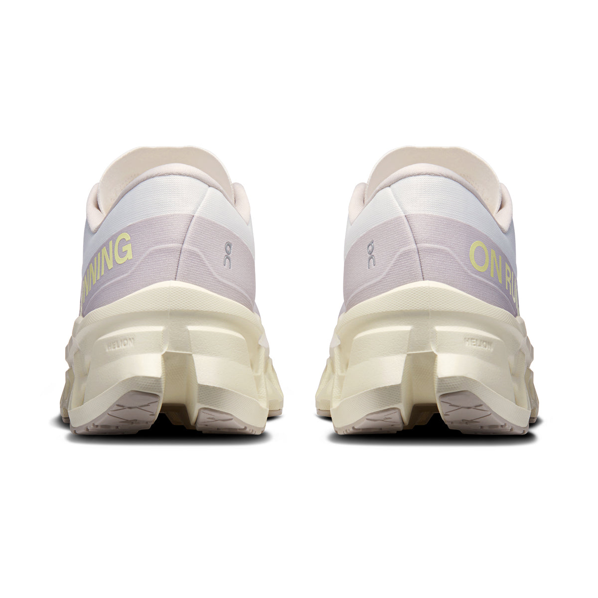 On Cloudmonster 3 women's running shoe in Ivory / Seedling — heel view showing heel construction, padded collar and seedling green CloudTec® midsole contrast