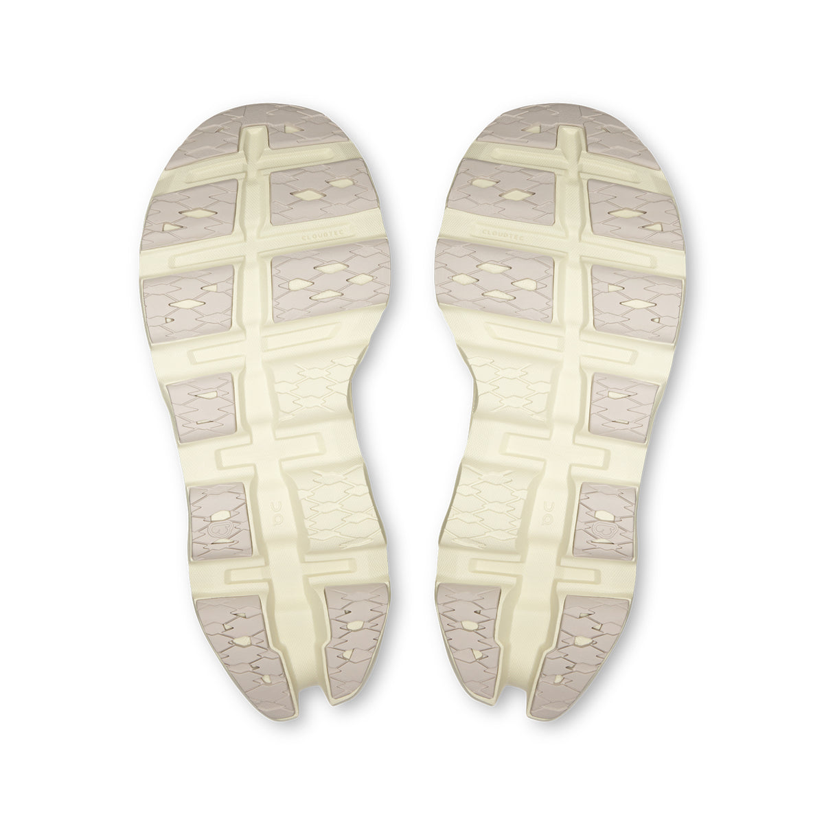 On Cloudmonster 3 women's running shoe in Ivory / Seedling — outsole view showing CloudTec® rubber pod configuration and seedling green midsole stack