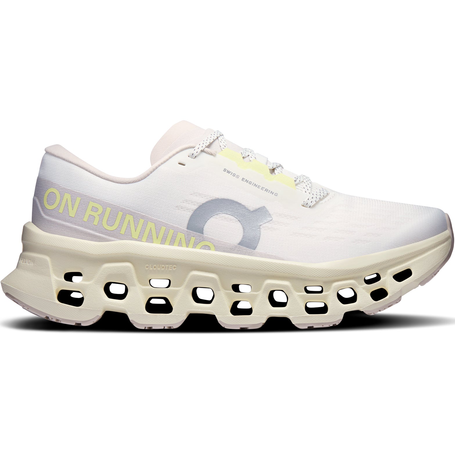 On Cloudmonster 3 women's running shoe in Ivory / Seedling — outer view showing ivory upper with seedling green accent detailing and CloudTec® midsole profile