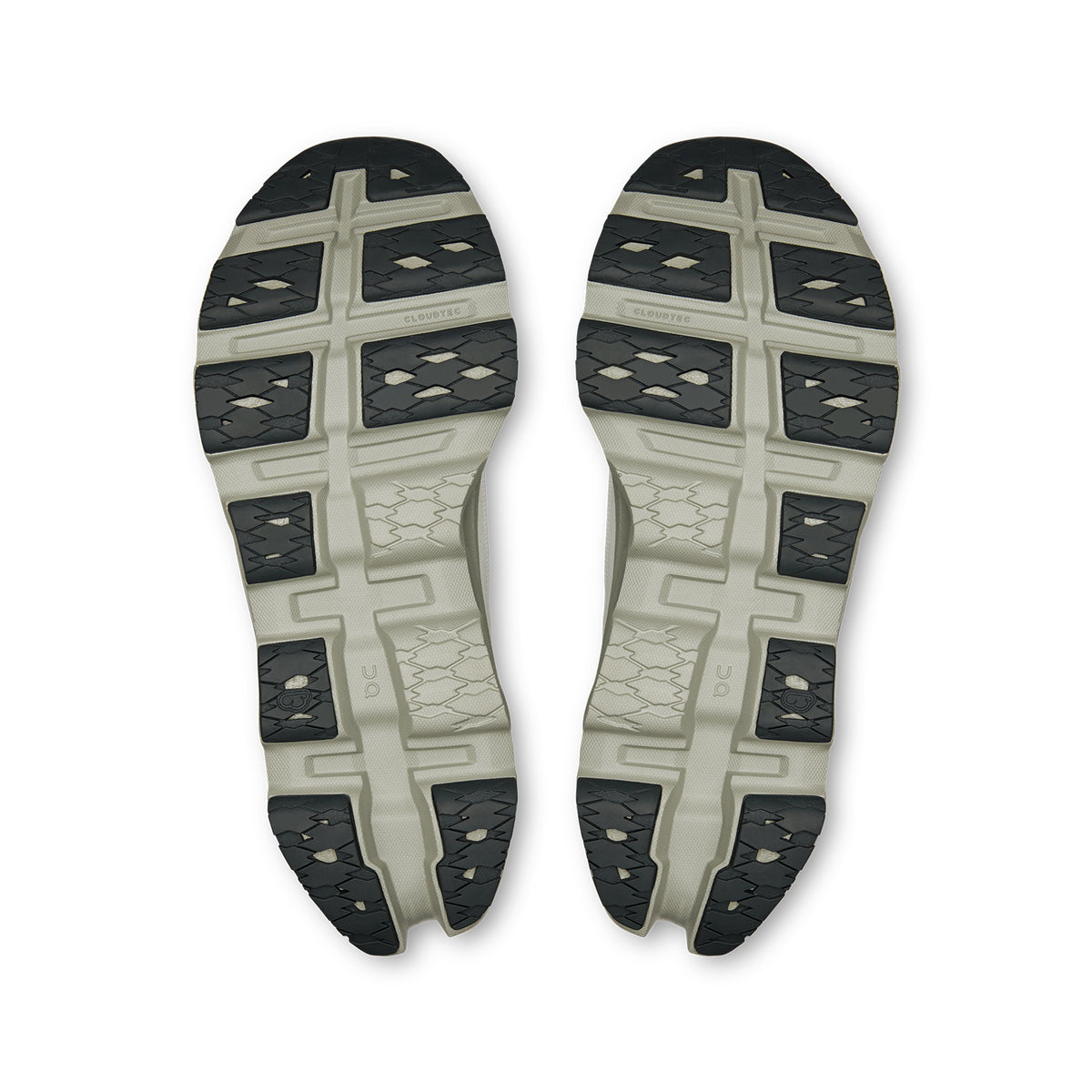 On Cloudmonster 3 women's running shoe in Ivory / Tin — outsole view showing compressed rubber tread pattern and tin grey triple-layer CloudTec® Helion™ foam midsole stack