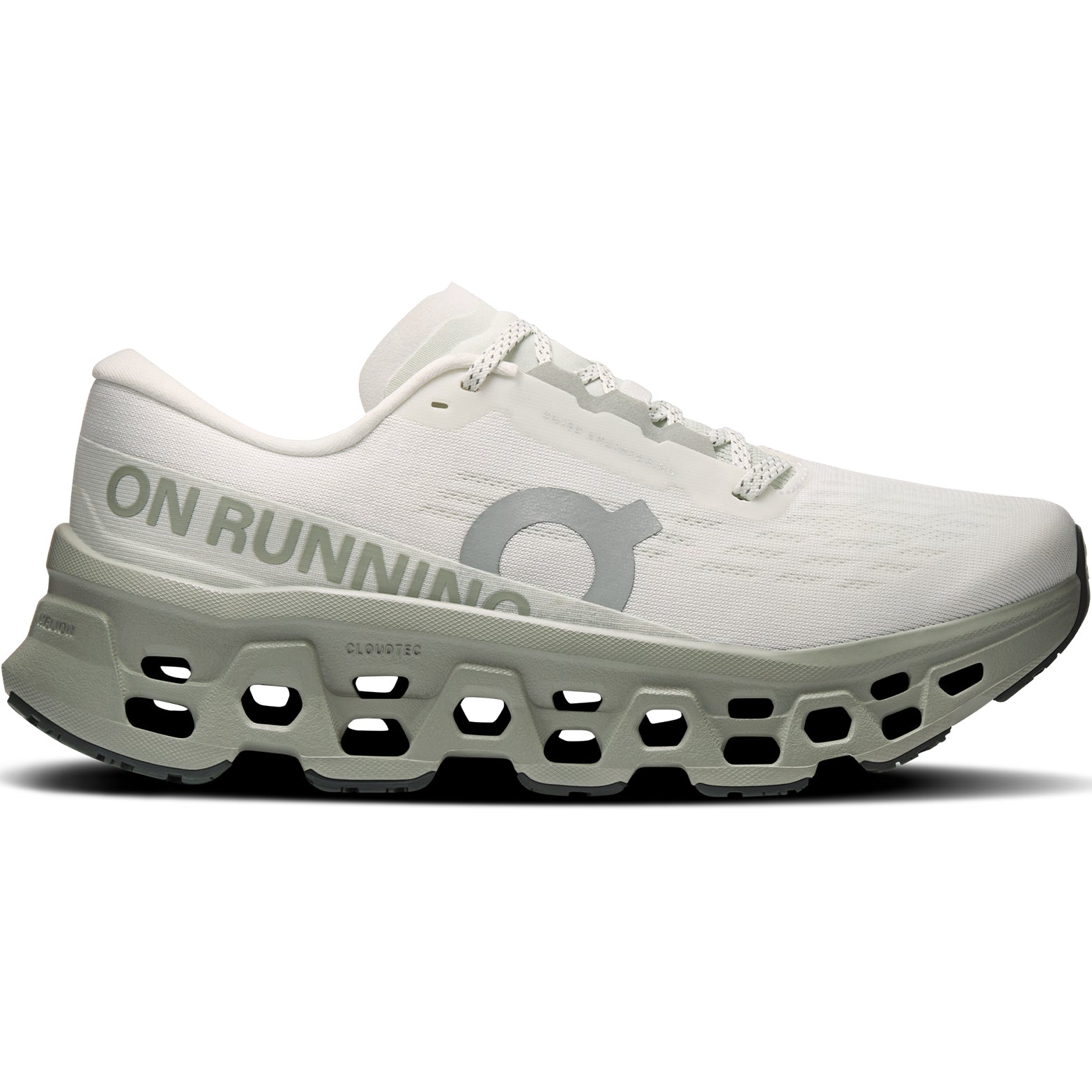 On Cloudmonster 3 women's running shoe in Ivory / Tin — outer view showing ivory engineered knit upper with tin grey accent detailing, Speedboard® and triple-layer CloudTec® midsole profile